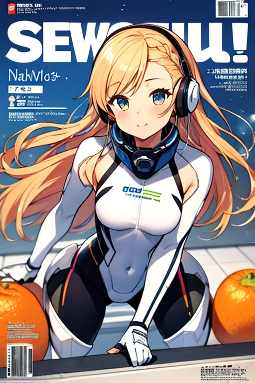 独奏、Braiding、1 girl in、depth of fields、Long Blonde Hair、Inside the space station、Make eye contact、sitting on、masterpiece、top-quality、(top-quality)、((masterpiece))、(hight resolution)、Original、Very detailed 8k wallpaper、(extremely delicate and beautiful)、((A detailed face))、(white futuristic bodysuit spacesuit):1.3,beautiful finely detailed eyes、Hair that flutters in the wind、dishevled hair、lensflare、1 girl in、full body Esbian、(blue eyess)、(head phone)、(yellow hair)、(Cute little girl:1.1)、Beautiful fine eyes、orange color hair、Very long hair、tiny chest、(looking at the viewers)、(magazine:1.3)、(coversスタイル:1.3)、Fashionable、femele、with a vibrant、outfits、the pose、the front、Colorful、Dynamic、Background with、element、I'm confident、expresive、ngel、statement、accessorized、An majestic、coiled、surroundings、Touch、The scene、Texto、covers、It's bold、captures the attention、Titles、Stylish、Font、Catchy、headline、The large、Impressive、moderno、Trendy、Focus、lo fashion