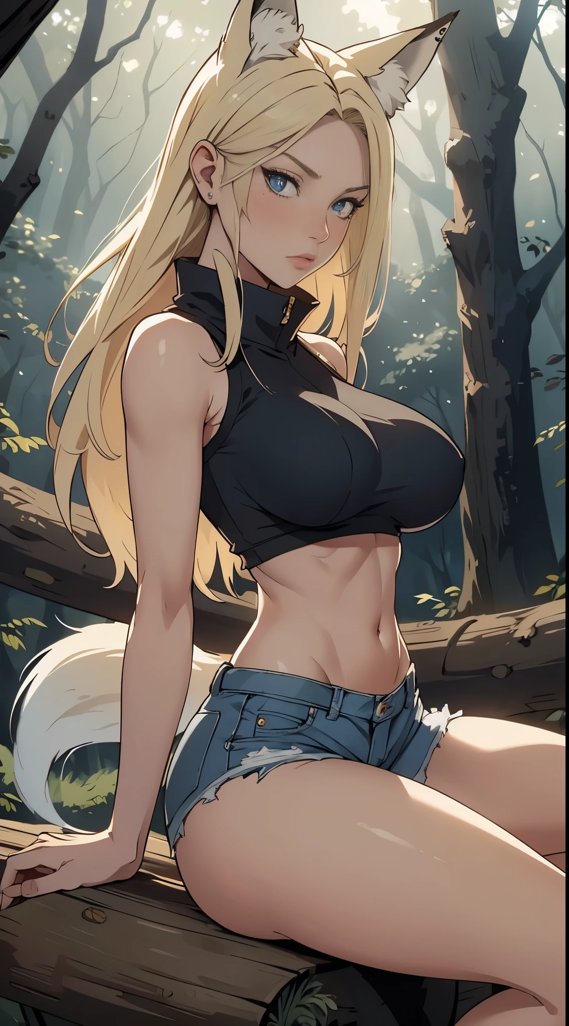 Beautiful 1 girl, full bodyesbian, age uncensored, Alone, (Waist-length blond hair, Blonde Straight Hair: 1.28), ((light blue eyes)), Clean skin, (big black fox ears: 1.35), pale-skinned, medium, Chopping, (Skinny buttocks, big breasts thin waist , Sporty body: 1.25), (Hunched back:1.12), Delicate skin, mischievous face, pouty, Clothing that exposes, (Wear a cropped vest, Torn blue denim shorts, hair pin: 1.1), looking at viewert, (sitting on a log: 1.22), (Detailed enchanted forest background:1.1), creek, Overlooking a clearing in the forest, unwind, 4k texture, softlighting, Elegant, The is very detailed, Focus sharp, Soothing tone, insanely details, Complicated details, the ultra-detailed, low-contrast, exposure blend, HighDynamicRange, faded