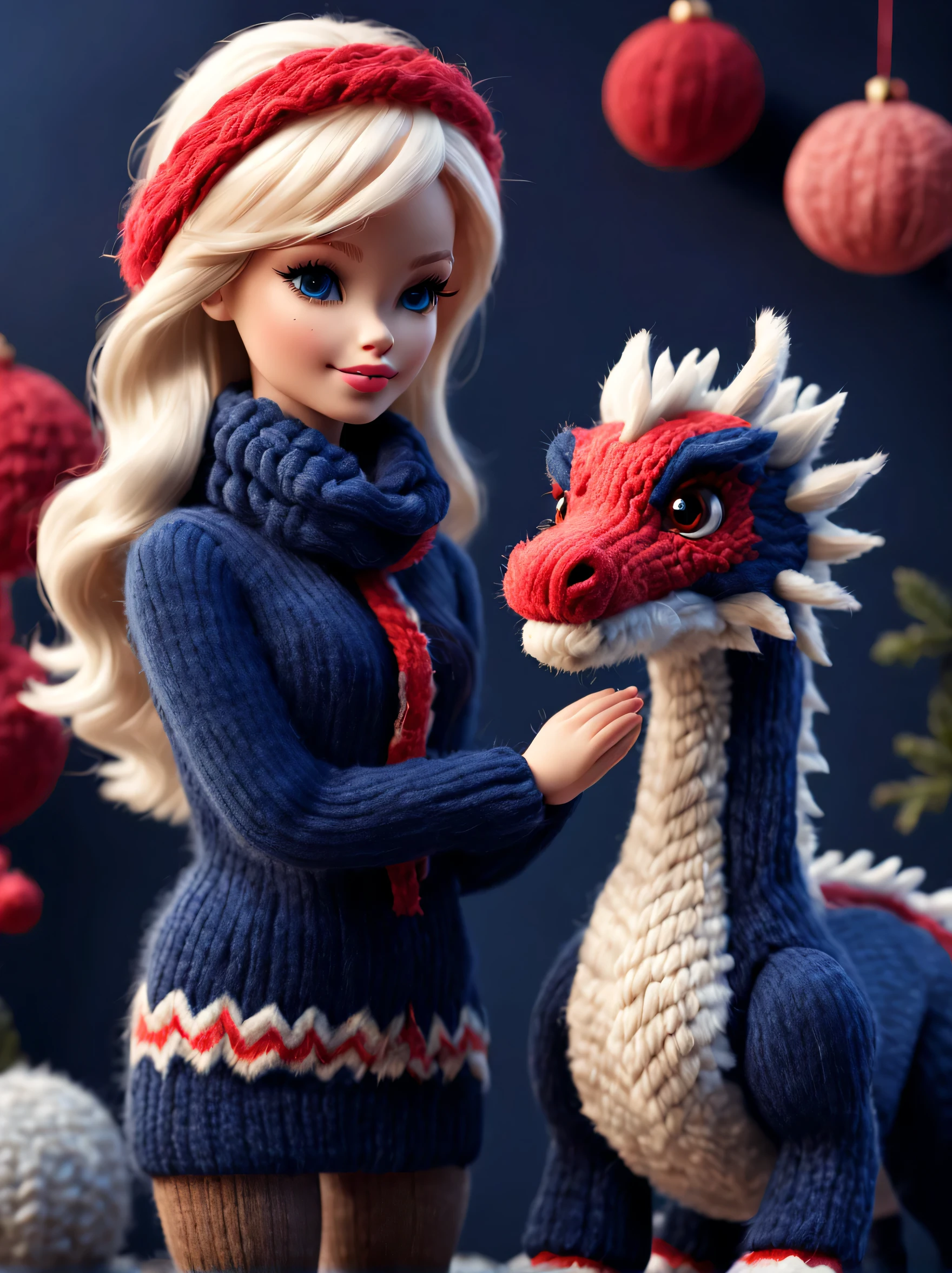 （Plush toy design），Naughty and cute Barbie doll and little dragon，（wool craft），（Fluffy：0.68） ，Winter high fashion with sweaters and scarves， Cute 3d rendering，Background with：dark navy blue+fiery red，，Cute and detailed digital art，Miniature feeling，stylized 3d render，3d rendered figure art 8k，lovely digital painting，Anime style 3D，Ultra-detailed rendering