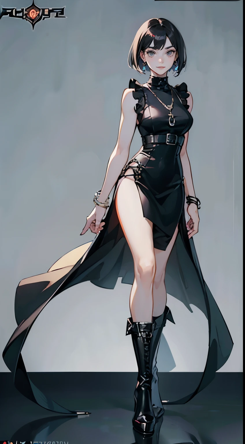 ((masterpiece,best quality,8k,highres)),((character concept art)), 1 female, young female adult, goth girl, 165cm height, short bob hairstyle (black hair colour), ultra finely detailed eyes (grey eyes colour), extraordinary gorgeous, charming, smirk smile, shapely ???????, hourglass body shape ((muscular)), ((intricate detail)), super finely detailed hands, ultra finely detailed fingers(((ten fingers))), sleeveless goth girl shirt (black colour outfit)(stylish), short skirt, fishnet stockings, black knee high boots, earrings, necklace, bracelet, (standing still), (full body showcase), (show full body), (no logos on background), (no logo), ((plain background)), ((plain background)), (((empty background)))