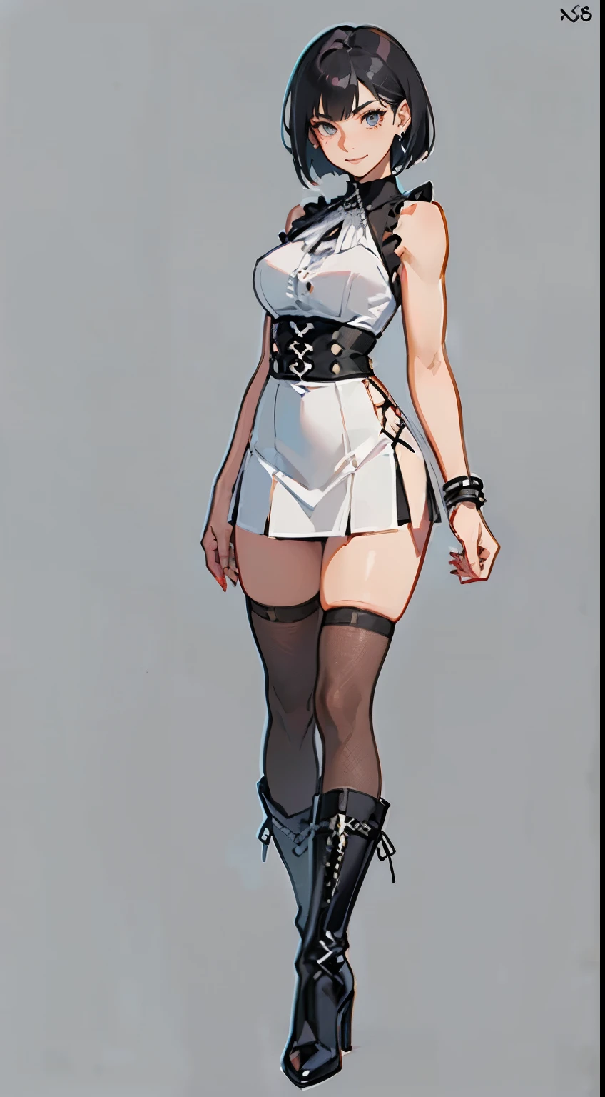 ((masterpiece,best quality,8k,highres)),((character concept art)), 1 female, young female adult, goth girl, 165cm height, short bob hairstyle (black hair colour), ultra finely detailed eyes (grey eyes colour), extraordinary gorgeous, charming, smirk smile, shapely breasts, hourglass body shape ((muscular)), ((intricate detail)), super finely detailed hands, ultra finely detailed fingers(((ten fingers))), sleeveless goth girl shirt (black colour outfit)(stylish), short skirt, fishnet stockings, black knee high boots, earrings, necklace, bracelet, (standing still), (full body showcase), (show full body), (no logos on background), (no logo), ((plain background)), ((plain background)), (((empty background)))