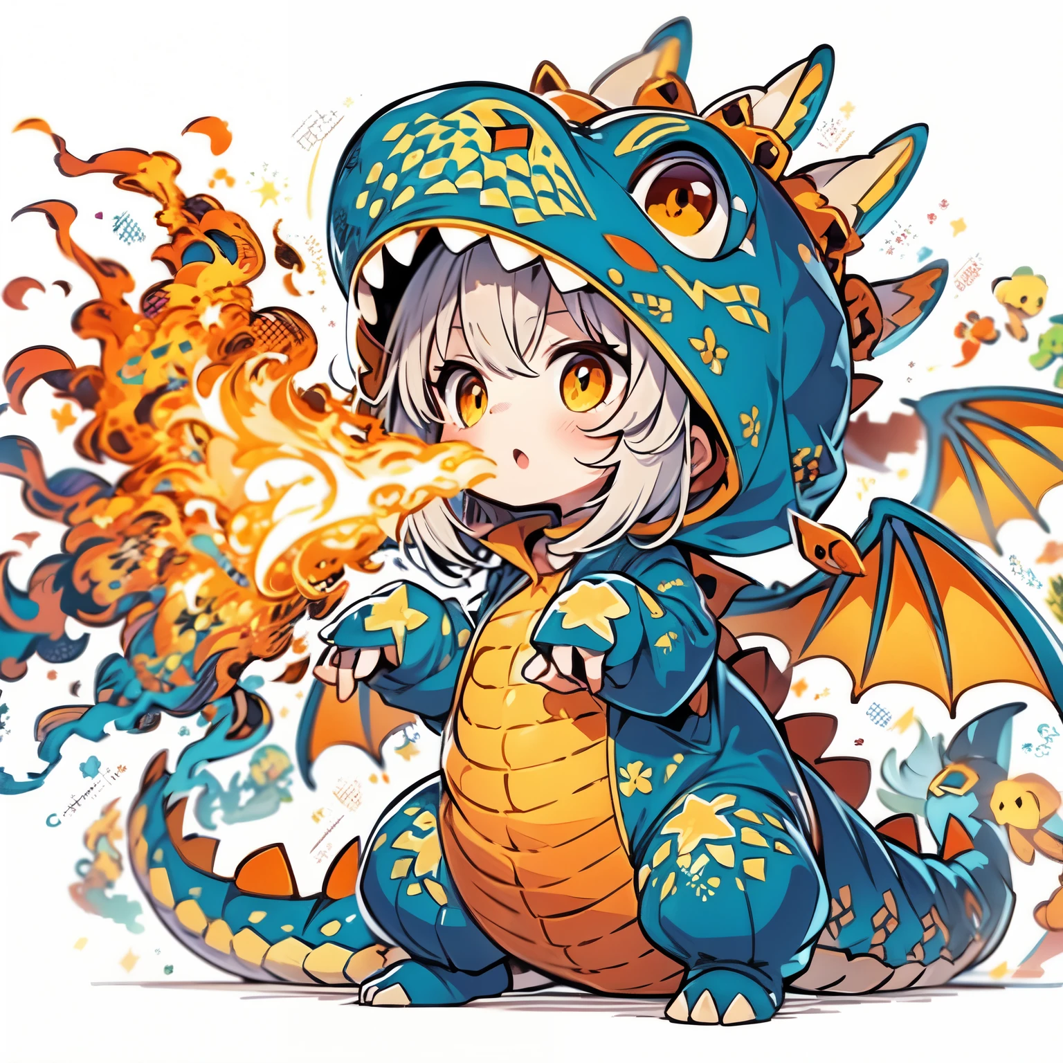 quality: hight resolution, Focus on blending and shading、Vibrant colors that give a three-dimensional effect, 鱗やダイナミックな火の流れなどのquality感のあるディテールを強調. break angle: A low-angle front view that creates a majestic atmosphere, Focus on the character's facial expressions and the flames directed at the viewer.. BREAK Character: Big Girl, expressive amber eyes, He wears a dragon costume with fine scales., Wings, and the tail is in shades of blue and orange, playfully spit out flames. Break Background: Abstract swirls of color representing whimsy, Magical atmosphere, Mixed with the color of fire signifies warmth and energy.