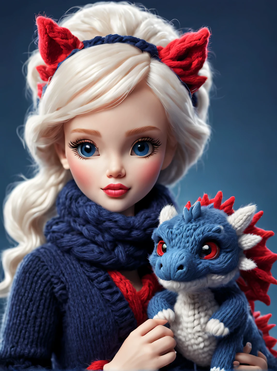 (Plush toy design),Naughty and cute Barbie doll and little dragon,(wool craft),(Fluffy:0.68) ,Winter high fashion with sweaters and scarves, Cute 3d rendering,Background with:dark navy blue+fiery red,,Cute and detailed digital art,Miniature feeling,stylized 3d render,3d rendered figure art 8k,lovely digital painting,Anime style 3D,Ultra-detailed rendering