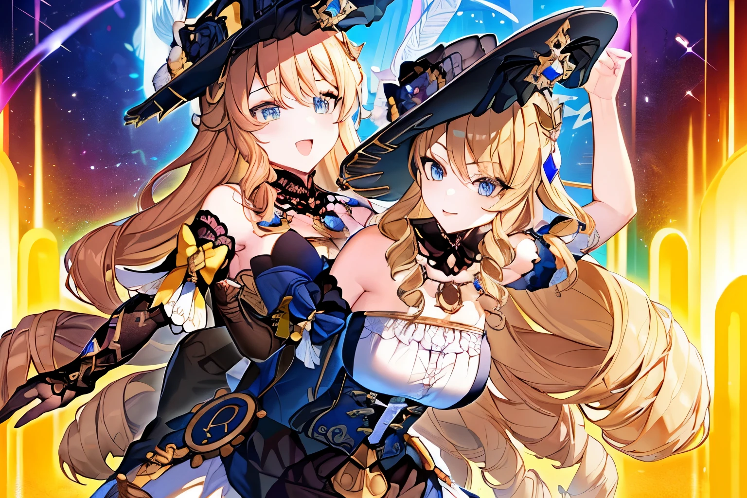 ((tmasterpiece)), ((Best quality at best)), (ultra - detailed), absurd res, extremely detaild的 CG unified 8k wallpapers, offcial art, Accurately describe the shape, (actual), (scenecy, dramatic lights, illustratio:1.1), , ((tmasterpiece)), absurd res, HighDynamicRange big breasts and big breasts ((tmasterpiece)), ((Best quality at best)), (ultra - detailed), absurd res, extremely detaild的 CG unified 8k wallpapers, offcial art, Accurately describe the shape, (actual), pretty  face, Detailed hands, Expressive eyes, The upper part of the body, looking at viewert, (Permanent, arms to one side, ssmile:1.2), (scenecy, dramatic lights, illustratio:1.1), (2 girls, , Willow waist, dark-blue hair, a purple eye, long whitr hair:1.4), (A blue headdress, whitegloves, black pantyhoses, 耳Nipple Ring, Hat feathers, a garter belt, Big breasts corset, epaulette:1.3), , ((tmasterpiece)), absurd res, HighDynamicRange, Crowlinde (genshin impact) big breasts and big breasts ((tmasterpiece)), ((Best quality at best)), (ultra - detailed), absurd res, extremely detaild的 CG unified 8k wallpapers, offcial art, Accurately describe the shape, (actual), pretty  face, Detailed hands, Expressive eyes, The upper part of the body, looking at viewert, (Permanent, arms to one side, ssmile:1.2), (scenecy, dramatic lights, illustratio:1.1), (2 girls, , Willow waist, Blonde hair, eBlue eyes, long whitr hair:1.4), (Bow knot, Black tiara, Black dress, Black stockings, Chopping, Bare shoulders, separated sleeves, jewely:1.3), , ((tmasterpiece)), absurd res, HighDynamicRange, Navia (genshin impact)