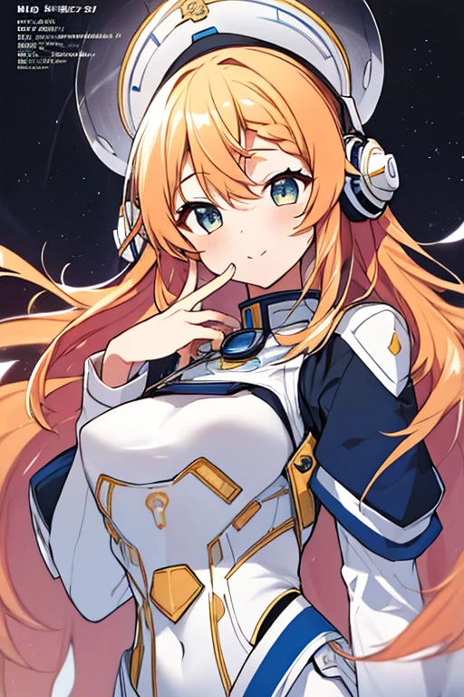 独奏、Braiding、1 girl in、depth of fields、Long Blonde Hair、Inside the space station、Make eye contact、sitting on、masterpiece、top-quality、(top-quality)、((masterpiece))、(hight resolution)、Original、Very detailed 8k wallpaper、(extremely delicate and beautiful)、((A detailed face))、(white futuristic bodysuit space suit):1.3,beautiful finely detailed eyes、Hair that flutters in the wind、dishevled hair、lensflare、1 girl in、full body Esbian、(blue eyess)、(head phone)、(yellow hair)、(e litrl:1.1)、Beautiful fine eyes、orange color hair、Very long hair、tiny chest、(looking at the viewers)、(magazine:1.3)、(coversスタイル:1.3)、Fashionable、femele、with a vibrant、outfits、the pose、the front、Colorful、Dynamic、Background with、element、I'm confident、expresive、ngel、statement、accessorized、An majestic、coiled、surroundings、Touch、The scene、Texto、covers、It's bold、captures the attention、Titles、Stylish、Font、Catchy、headline、The large、Impressive、moderno、Trendy、Focus、lo fashion