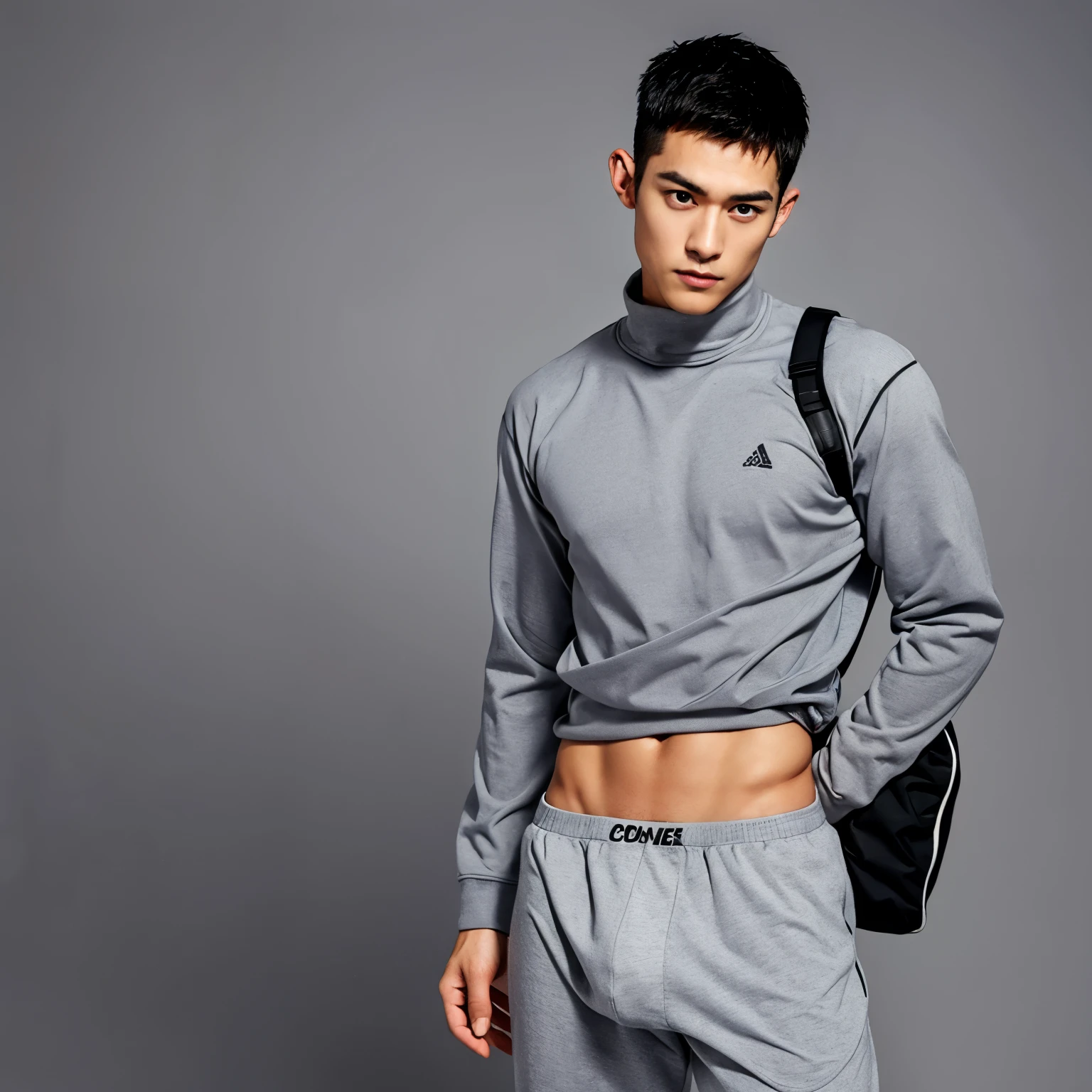 The male,Wearing only gray sweatpantig bag with a bulge in the crotch