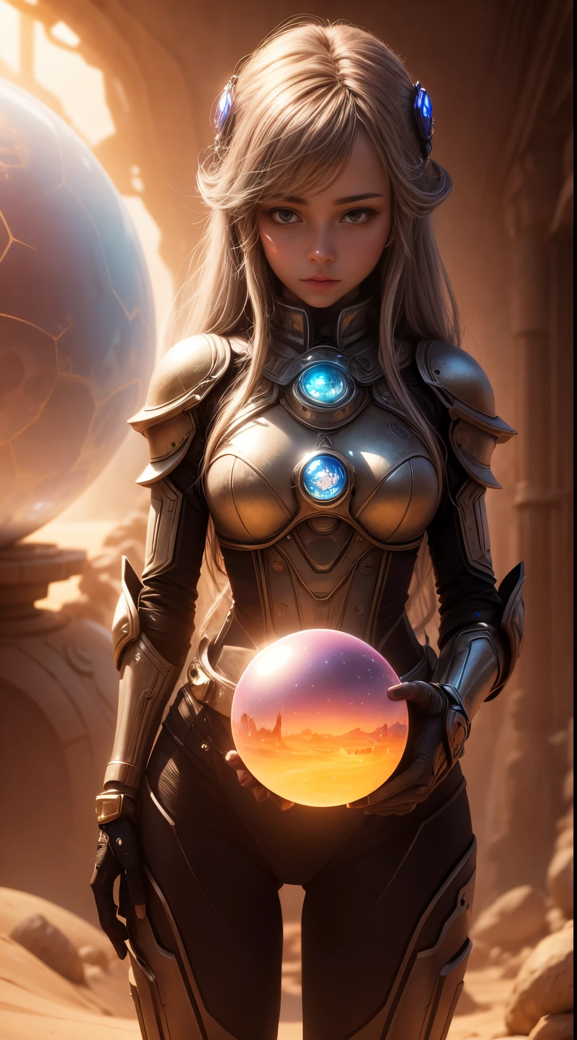 arafed image of a woman standing in front of a group of robots, hyper - detailed visionary art, movie promotional art, tony sart and an anime artist, 1990 video game screenshot, blonde woman, youtube thumbnail, venus effect, james jean aesthetic, 2 0 5 0 s, bluray image, breathtaking digital art, by Don Maitz, armor --auto --s2