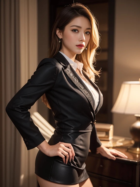 an beautiful,
(((tmasterpiece))), ((Best quality at best)), ((intricately details)), ((hyper realisitc)), Ridiculous resources, 摩洛解放阵线, Mature woman, (),Perspectives, The content is very detailed, lamplight, Perfect hands, detailed finger, 美丽细致lewd eyes, Long blonde hair, 棕色lewd eyes, CEO, (Professional Dress:1.2), Blazer in similar color scheme,Paired with thin lapel dress,Black leather pantyhose,Pink collar, ear nipple ring, livestock, detailedbackground, Bedrooms, 完美lewd eyes, lewd eyes, looking at viewert, seen from the side