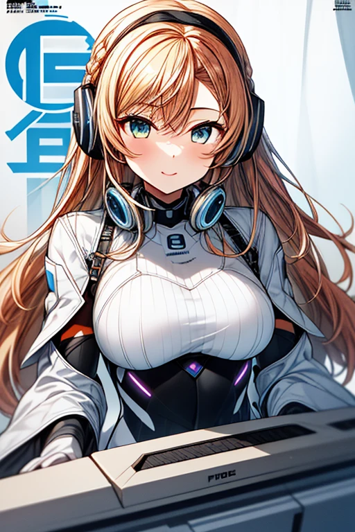 独奏、Braiding、1 girl in、depth of fields、Long Blonde Hair、Inside the space station、Make eye contact、sitting on、masterpiece、top-quality、(top-quality)、((masterpiece))、(hight resolution)、Original、Very detailed 8k wallpaper、(extremely delicate and beautiful)、((A detailed face))、(white futuristic bodysuit space suit):1.3,beautiful finely detailed eyes、Hair that flutters in the wind、dishevled hair、lensflare、1 girl in、full body Esbian、(blue eyess)、(head phone)、(yellow hair)、(Cute little girl:1.1)、Beautiful fine eyes、orange color hair、Very long hair、tiny chest、(looking at the viewers)、(magazine:1.3)、(coversスタイル:1.3)、Fashionable、femele、with a vibrant、outfits、the pose、the front、Colorful、Dynamic、Background with、element、I'm confident、expresive、ngel、statement、accessorized、An majestic、coiled、surroundings、Touch、The scene、Texto、covers、It's bold、captures the attention、Titles、Stylish、Font、Catchy、headline、The large、Impressive、moderno、Trendy、Focus、lo fashion