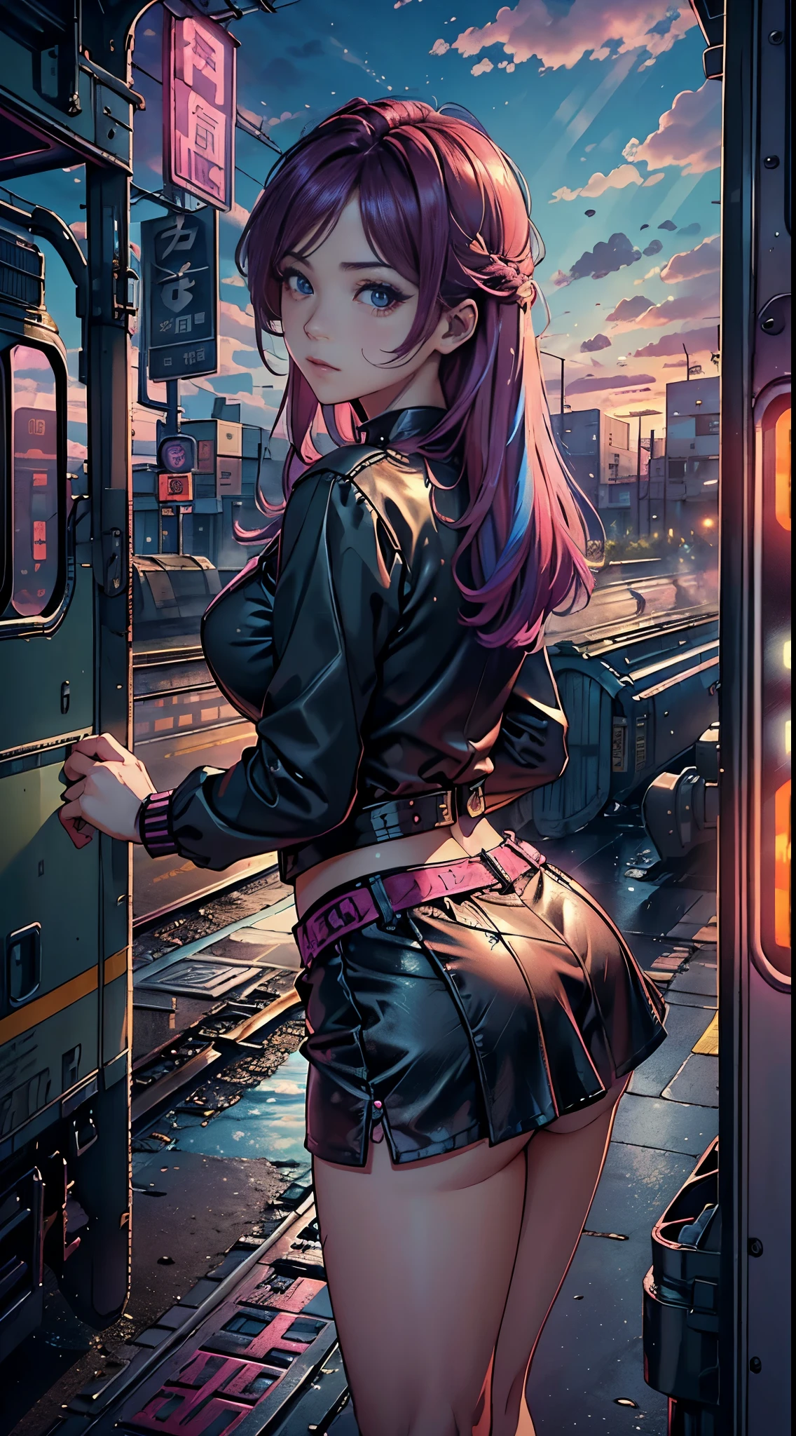 Best Quality, cyber sttyle girl, 1girl in, Solo, Short hair, Blurry background,((opened breast、Pants with a torn crotch area)), SEX, 1boy, hetero,Huge , 1girl in, from behind, sex from behind,Train interior, vaginal object insertion,Looking back、agony、((Tears flow, Crying in frustration))、Lusting、hard breathing、Sex Expressions、a large amount of cloudy liquid drips from the genitals、