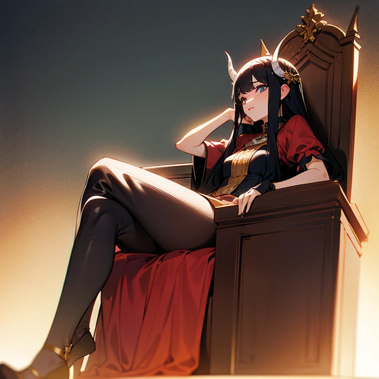 Pretty Woman queen small horns grow Sitting on a throne Rest your chin on the armrest of the throne legs crossed Long black hair in a castle Dark feeling S temperament