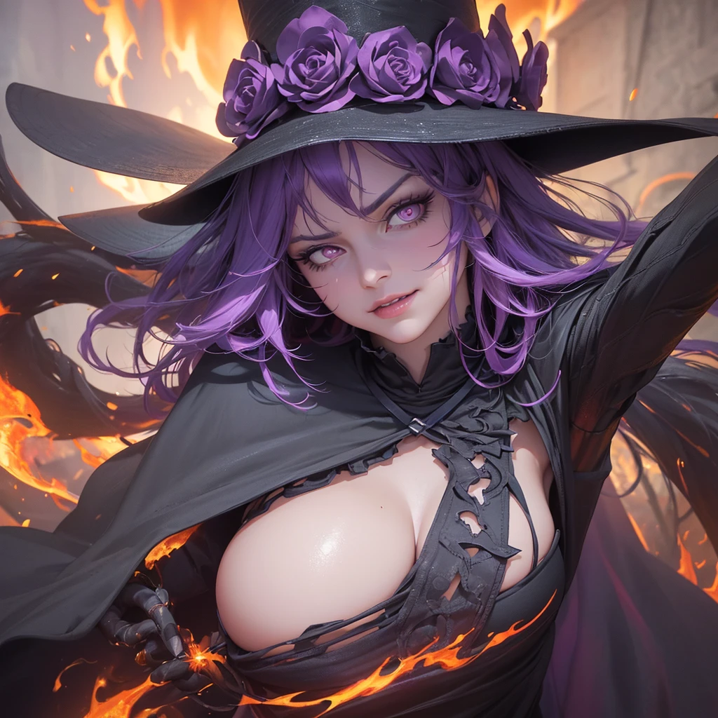 (best quality,4k,8k,highres,masterpiece:1.2),ultra-detailed,(realistic,photorealistic,photo-realistic:1.37),witch,brewing pot,cauldron,magic,dark atmosphere,mystical,full body, tall woman, dress, long dress, frilly dress, long hair, weird hair, colorful hair, bright hair, pink hair, blue hair, big hat, huge hat, spiky hat,evil,villain,smirk,glowing eyes, powerful,power,cold,evil eyes, huge eyes, looking at viewer, soul stare,ragged clothing, angry, super angry, mega evil, fully clothed, ugly clothes,fire,purple fire, evil fire, evil smirk, violence,towering,full body, tall, strong, evil queen, evil witch, fangs, evil smile, destruction, goddess, far from camera