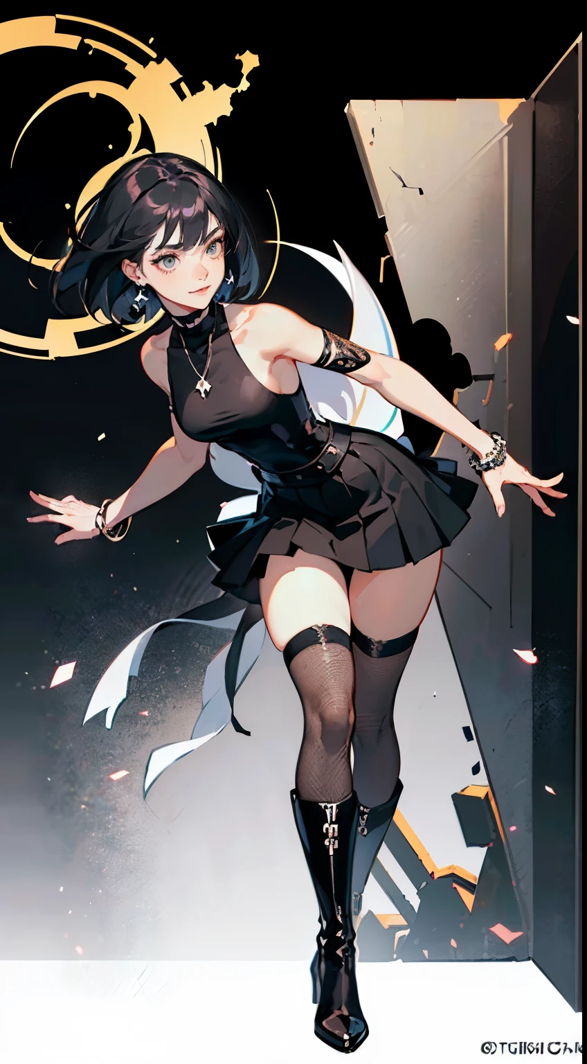 ((masterpiece,best quality,8k,highres)),((character concept art)), 1 female, young female adult, goth girl, 165cm height, short bob hairstyle (black hair colour), ultra finely detailed eyes (grey eyes colour), extraordinary gorgeous, charming, smirk smile, shapely breasts, hourglass body shape ((muscular)), ((intricate detail)), super finely detailed hands, ultra finely detailed fingers(((ten fingers))), sleeveless goth girl shirt (black colour outfit)(stylish), short skirt, fishnet stockings, black knee high boots, earrings, necklace, bracelet, (standing still), (full body showcase), (show full body), (no logos on background), (no logo), ((plain background)), ((plain background)), (((empty background)))