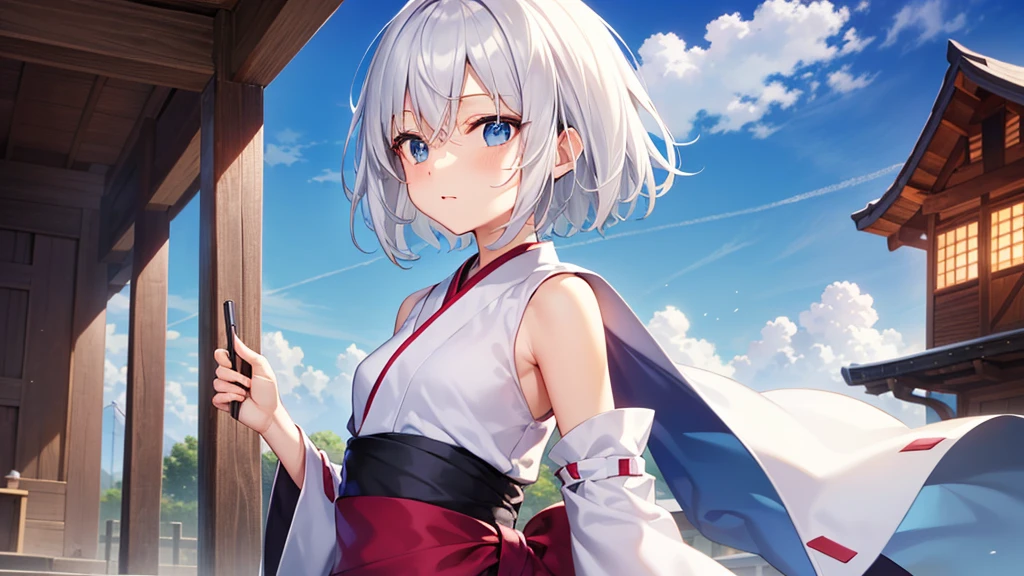 (masutepiece: 1.2, Best Quality), 1 Lady, Solo, silber hair,Shoulder out,Very short hair, long bangs between eyes, blue eyess,Black eyes,,White hair, Silver hair, shrine maiden clothe、shrines、blue-sky