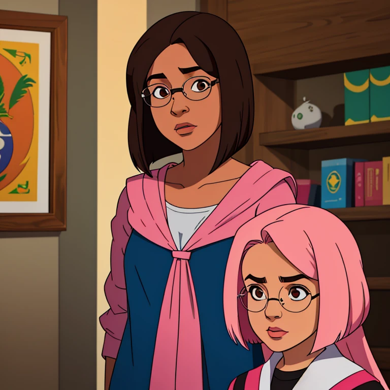 "a Brazilian character: a sweet, 17 to 19-year-old, overweight, white girl from Rio de Janeiro with a medium-length long bob hairstyle. Her hair is brown with pink-tipped ends. She's a geek and gamer, wears glasses(Harry potter style), she has a brown eyes."