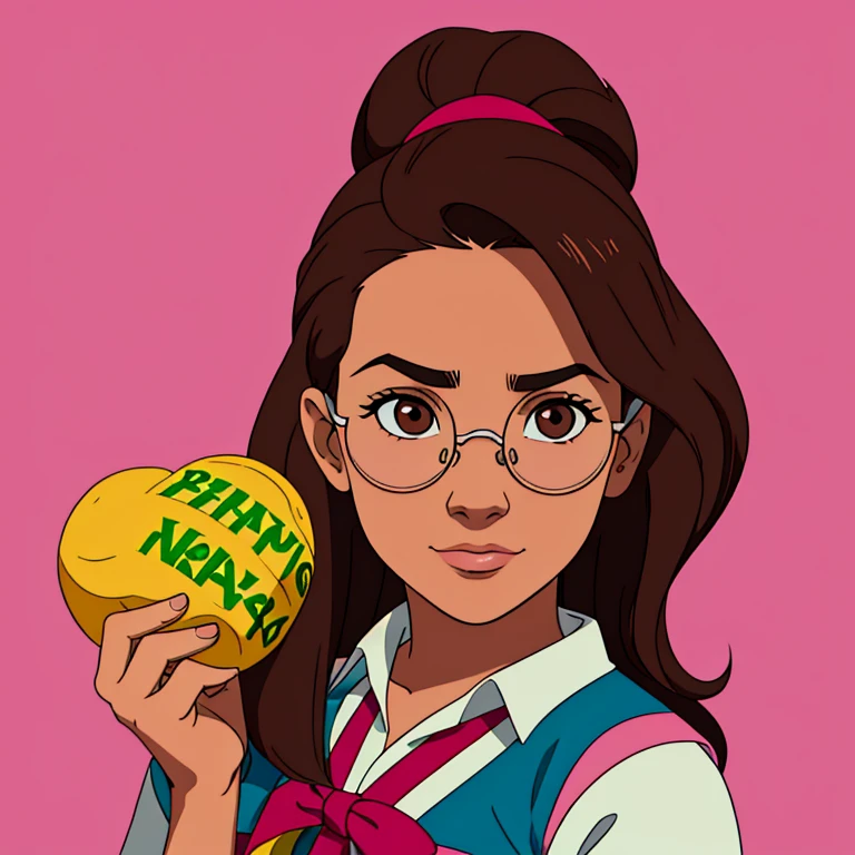 "a Brazilian character: a sweet, 17 to 19-year-old, overweight, white girl from Rio de Janeiro with a medium-length long bob hairstyle. Her hair is brown with pink-tipped ends. She's a geek and gamer, wears glasses(Harry potter style), she has a brown eyes."