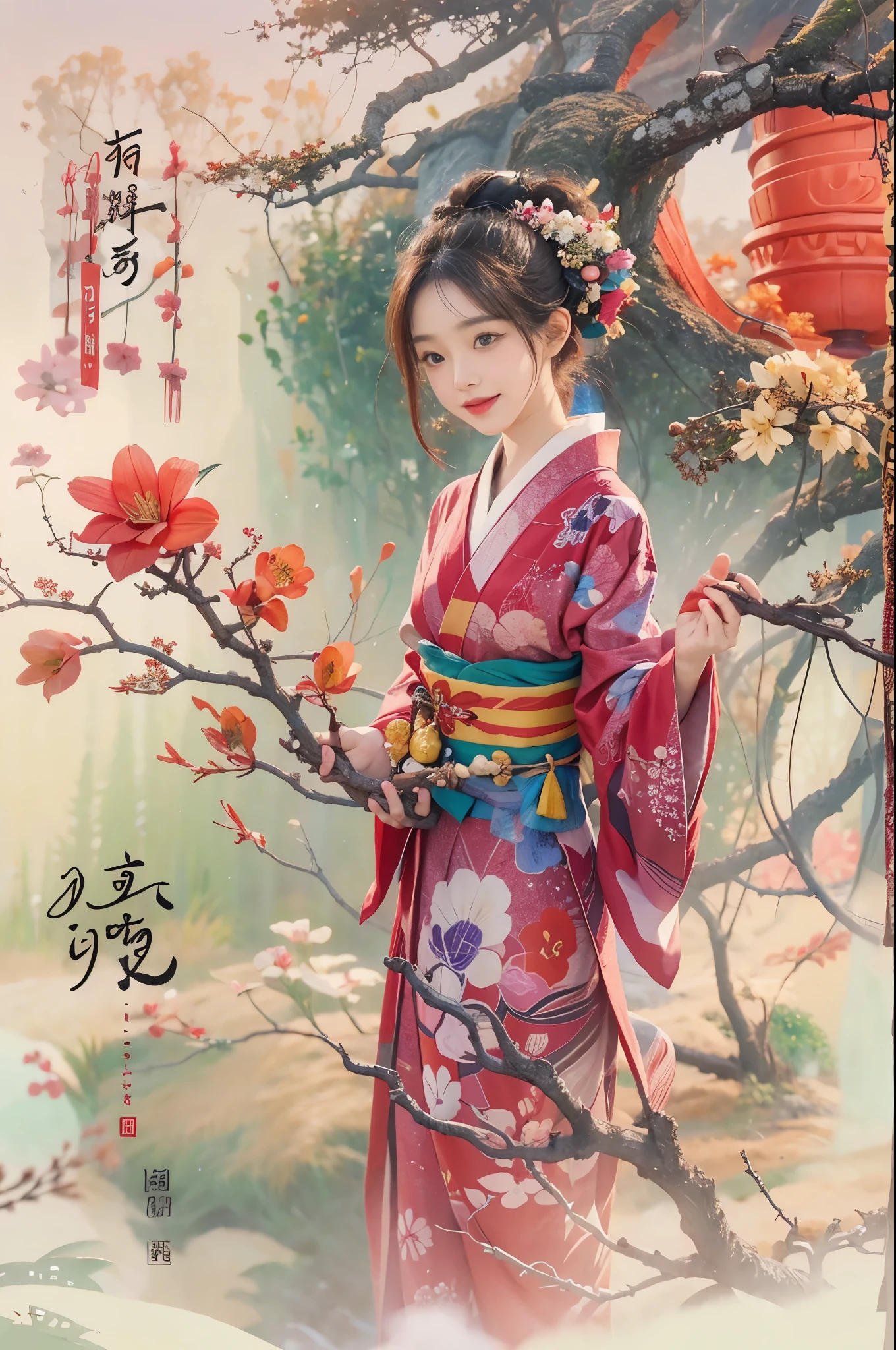 In a picturesque New Year's scene, envision a 28-year-old brunette woman with her hair elegantly tied up, donning a traditional kimono as she delivers heartfelt New Year's greetings. Surround her with symbolic elements of the season, such as Mount Fuji, hawks, and auspicious items like three eggplants (representing good fortune). Set the atmosphere in a celebratory tone, with vibrant colors and a sense of joy permeating the air. Provide rich details to encapsulate the beauty of this moment, blending tradition and festivity as she welcomes the New Year with grace and charm.