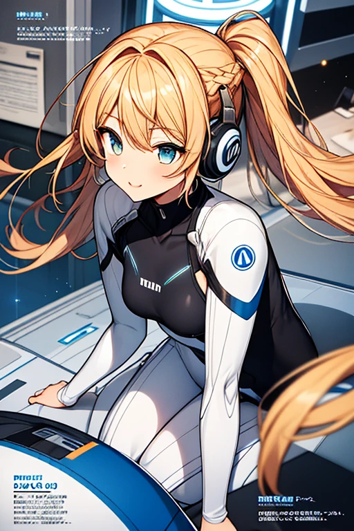 独奏、Braiding、1 girl in、depth of fields、Long Blonde Hair、Inside the space station、Make eye contact、sitting on、​masterpiece、top-quality、(top-quality)、((​masterpiece))、(hight resolution)、Original、Very detailed 8k wallpaper、(extremely delicate and beautiful)、((A detailed face))、(white futuristic bodysuit space suit):1.3,beautiful finely detailed eyes、Hair that flutters in the wind、dishevled hair、lensflare、1 girl in、full body Esbian、(blue eyess)、(head phone)、(yellow  hair)、(Cute little girl:1.1)、Beautiful fine eyes、orange color hair、Very long hair、tiny chest、(looking at the viewers)、(magazine:1.3)、(coversスタイル:1.3)、Fashionable、femele、with a vibrant、outfits、the pose、the front、Colorful、Dynamic、Background with、element、I'm confident、expresive、ngel、statement、accessorized、An majestic、coiled、surroundings、Touch、The scene、Texto、covers、It's bold、captures the attention、Titles、Stylish、Font、Catchy、headline、The large、Impressive、moderno、Trendy、Focus、lo fashion