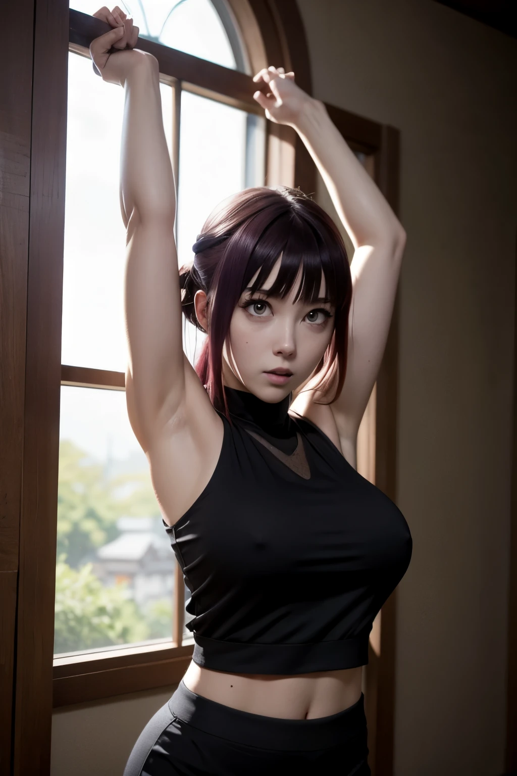 Hinata from Naruto Shippuden, UHD Hinata, UHD Hinata Byakugan eyes, Sleeveless top, Arms up in the air, UHD armpit details, UHD Face details, UHD underarms, Leaf village,