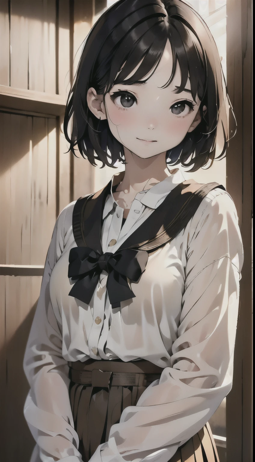 ,at the sunset,Sunset sky,school buildings,school ground,sixteen years old ,kawaii,Single eyelid,messy short black hair ,School Blazer Uniform,Looking at the camera,A smile,Bust-up shot,natural soft light,(top-quality,8K picture quality,​masterpiece:1.3),(hight resolution,Photorealsitic:1.4,Raw photography),(ultra-detailliert,Caustics,Detailed background),(Ultra-realistic capture,Beautifully detailed skin,perfect anatomia)