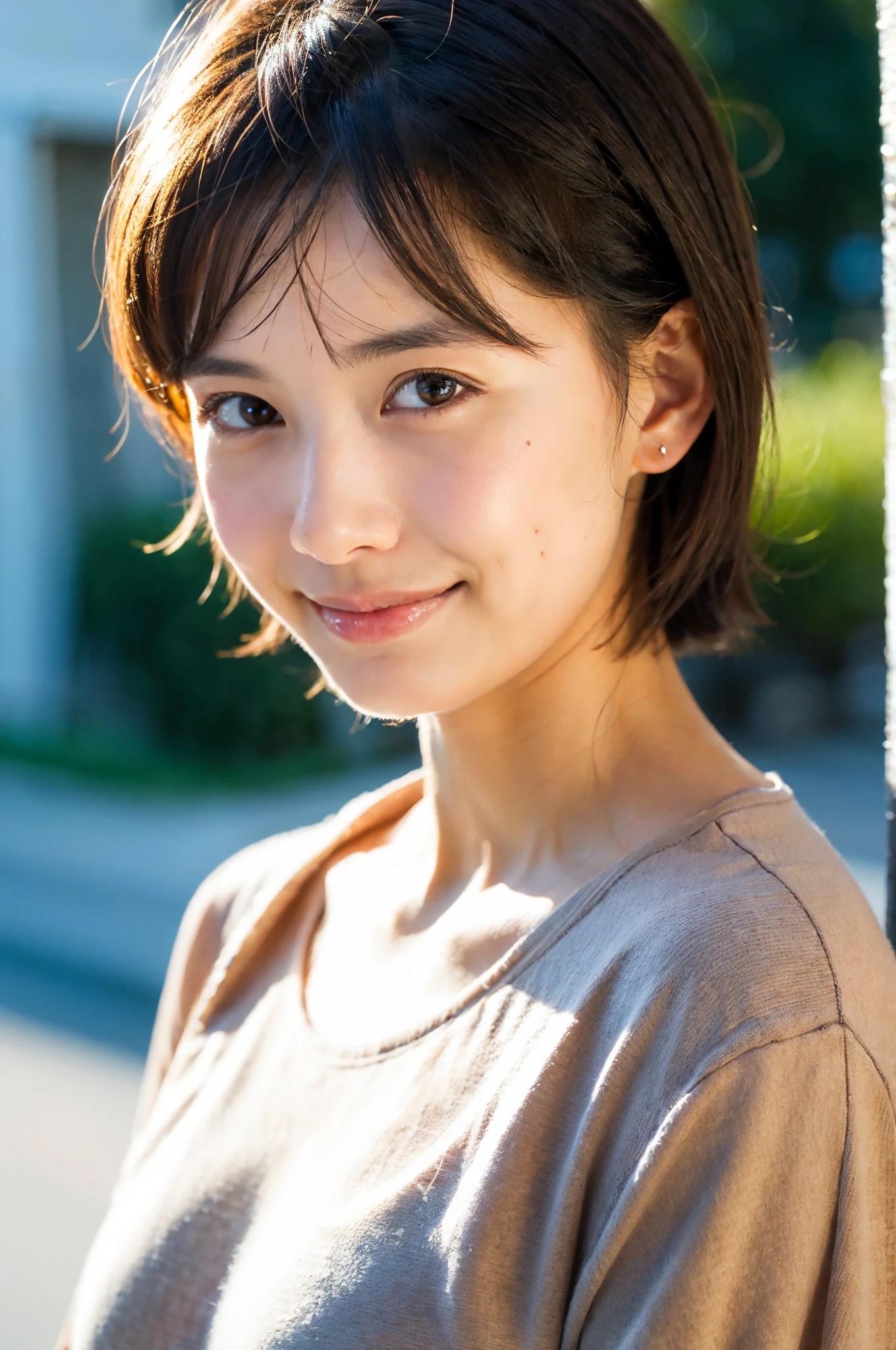masutepiece, Best Quality, 8K, 1girl in, Good Hand, 14 yo, close up of face, Lively, Active, Life Force, Luminescent, Looking away, Raw photo, F/1.8, 135 mm, NIKON, Anatomically correct, Bokeh,Textured skin, Professional Photography, Portrait, Soft light, Professional Lighting, Solo, (Smile), Cute, Girly, boobs film grain, (Eyes and faces with detailed:1.0), Brown hair, Short hair swaying in the wind, Bangs