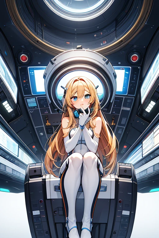 独奏、Braiding、1 girl in、depth of fields、Long Blonde Hair、Inside the space station、Make eye contact、sitting on、masterpiece、top-quality、(top-quality)、((masterpiece))、(hight resolution)、Original、Very detailed 8k wallpaper、(extremely delicate and beautiful)、((A detailed face))、(white futuristic bodysuit space suit):1.3,beautiful finely detailed eyes、Hair that flutters in the wind、dishevled hair、lensflare、1 girl in、full body Esbian、(blue eyess)、(head phone)、(yellow hair)、(Cute little girl:1.1)、Beautiful fine eyes、orange color hair、Very long hair、tiny chest、(looking at the viewers)、(magazine:1.3)、(coversスタイル:1.3)、Fashionable、femele、with a vibrant、outfits、the pose、the front、Colorful、Dynamic、Background with、element、I'm confident、expresive、ngel、statement、accessorized、An majestic、coiled、surroundings、Touch、The scene、Texto、covers、It's bold、captures the attention、Titles、Stylish、Font、Catchy、headline、The large、Impressive、moderno、Trendy、Focus、lo fashion