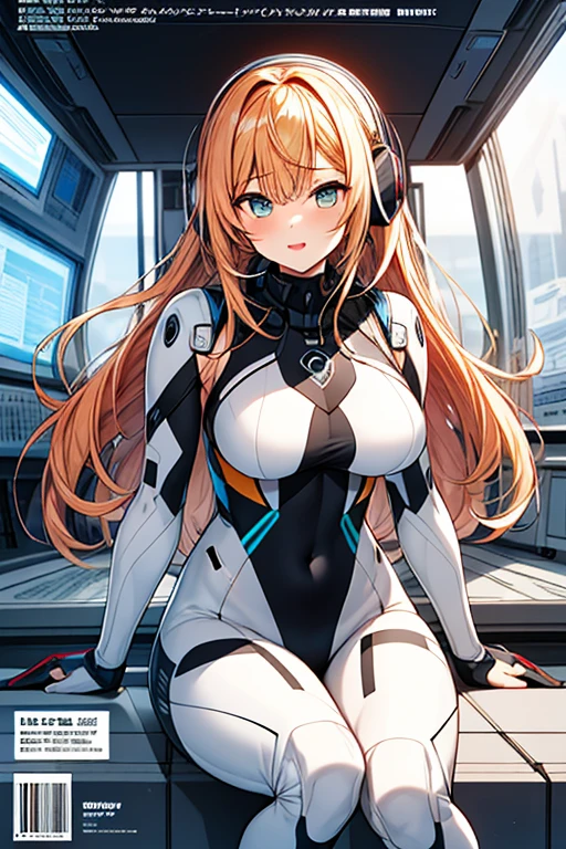 独奏、Braiding、1 girl in、depth of fields、Long Blonde Hair、Inside the space station、Make eye contact、sitting on、masterpiece、top-quality、(top-quality)、((masterpiece))、(hight resolution)、Original、Very detailed 8k wallpaper、(extremely delicate and beautiful)、((A detailed face))、(white futuristic bodysuit space suit):1.3,beautiful finely detailed eyes、Hair that flutters in the wind、dishevled hair、lensflare、1 girl in、full body Esbian、(blue eyess)、(head phone)、(yellow hair)、(Cute little girl:1.1)、Beautiful fine eyes、orange color hair、Very long hair、tiny chest、(looking at the viewers)、(magazine:1.3)、(coversスタイル:1.3)、Fashionable、femele、with a vibrant、outfits、the pose、the front、Colorful、Dynamic、Background with、element、I'm confident、expresive、ngel、statement、accessorized、An majestic、coiled、surroundings、Touch、The scene、Texto、covers、It's bold、captures the attention、Titles、Stylish、Font、Catchy、headline、The large、Impressive、moderno、Trendy、Focus、lo fashion