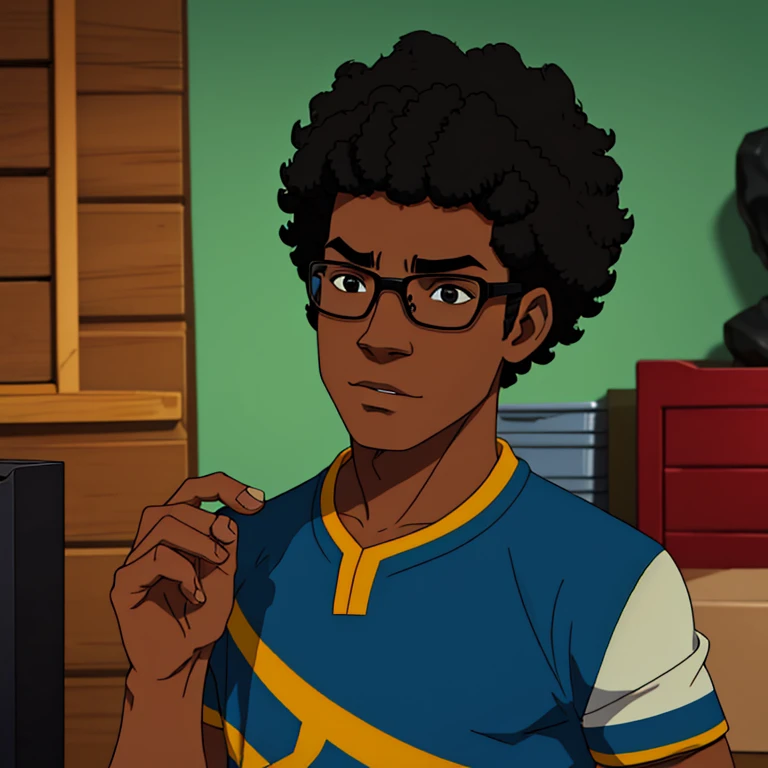Create a prompt for a Brazilian character: a friendly, 10 to 12-year-old, medium-height, black boy from Rio de Janeiro with a medium-sized afro (black power) hairstyle. He is a geek and gamer, wears glasses, and has a warm and approachable demeanor."