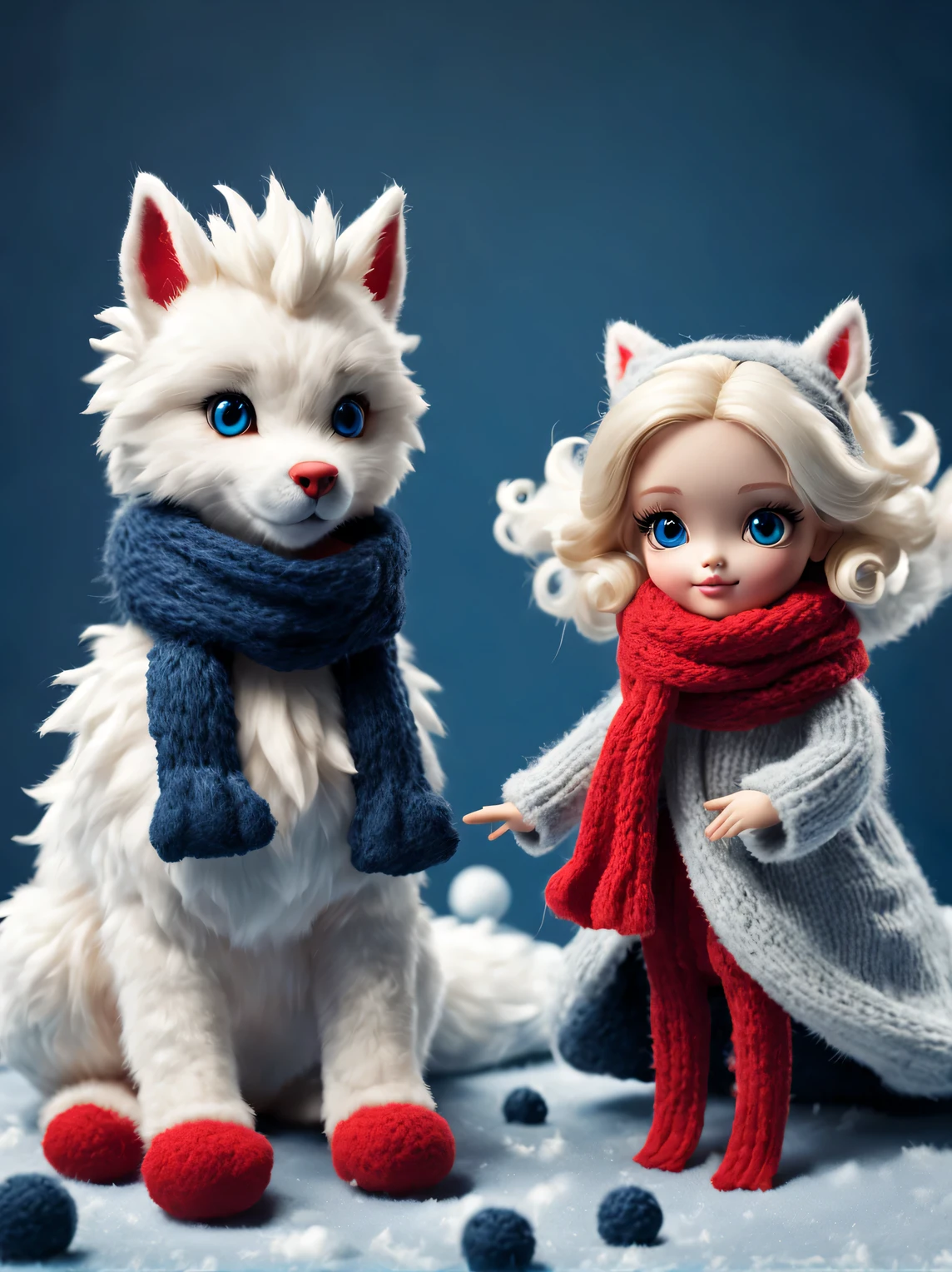 (Plush toy design),Naughty and cute Barbie doll and little dragon,(wool craft),(Fluffy:1.1) ,Winter high fashion with sweaters and scarves, Cute 3d rendering,Background with:dark navy blue+fiery red,,Cute and detailed digital art,Miniature feeling,stylized 3d render,3d rendered figure art 8k,lovely digital painting,Anime style 3D,Ultra-detailed rendering