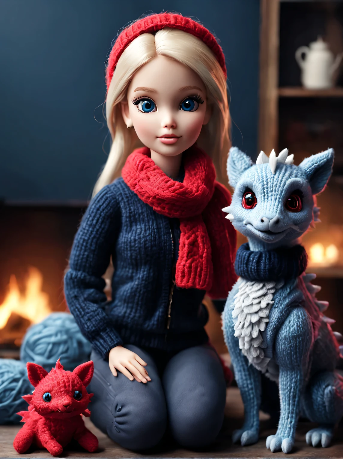 （Plush toy design），Naughty and cute Barbie doll and little dragon，（wool craft），（Fluffy：1.1） ，Winter high fashion with sweaters and scarves， Cute 3d rendering，Background with：dark navy blue+fiery red，，Cute and detailed digital art，Miniature feeling，stylized 3d render，3d rendered figure art 8k，lovely digital painting，Anime style 3D，Ultra-detailed rendering