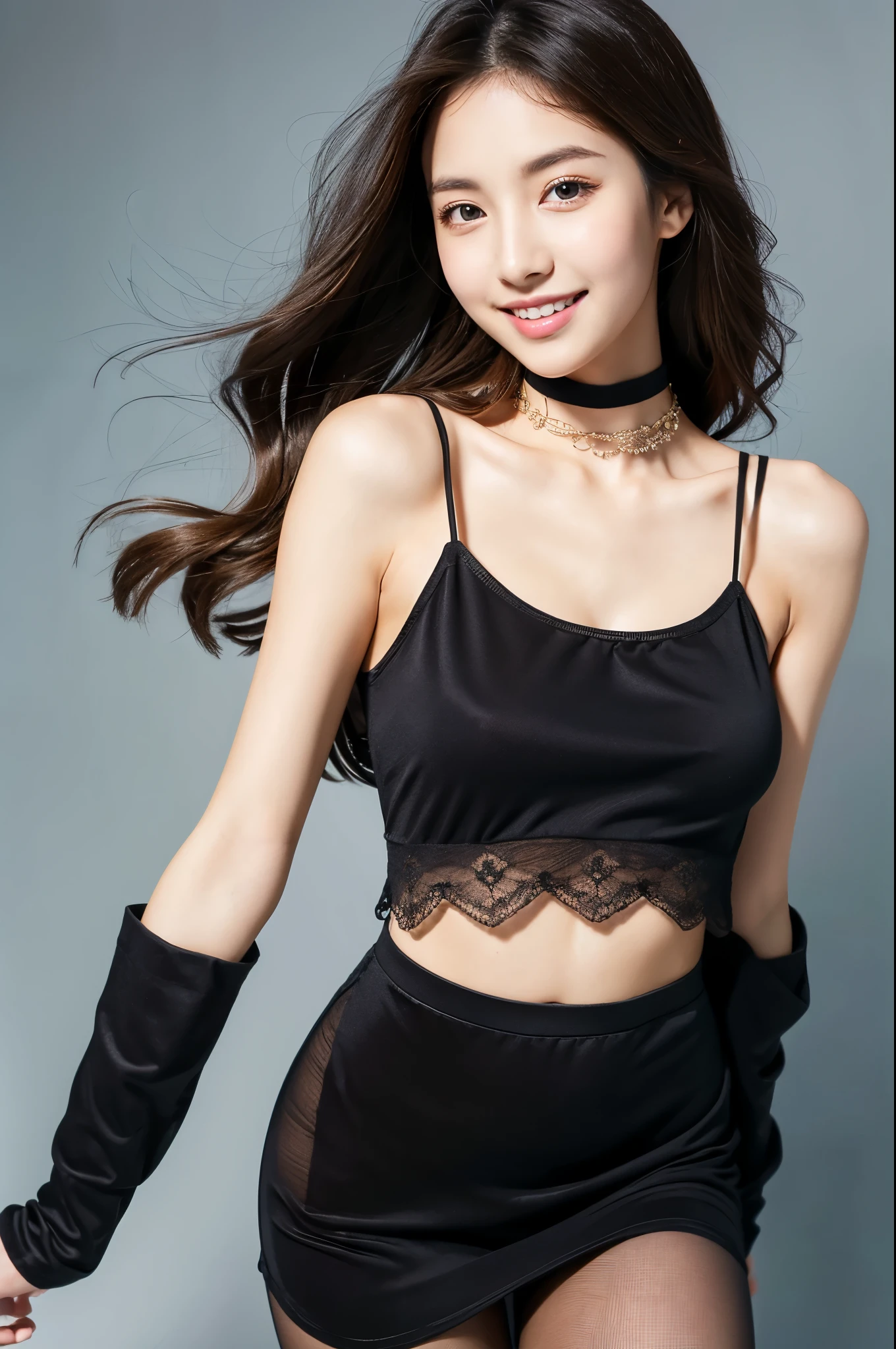 ulzzang -6500-v1.1, (Raw photo:1.2), (Photorealsitic), a beautiful detailed girl, (Real: 1.4), ighly detailedな目と顔, beatiful detailed eyes,  (Strapless blouse, flered skirt, Ultra-realistic pantyhose:1.2, a black choker)、full body Esbian、 (Very affectionate smile:1.2)、huge filesize, hight resolution, ighly detailed, top-quality, [​masterpiece:1.6], illustratio, ighly detailed, nffsw, finely detail, top-quality, 8k wallpaper, Cinematographic lighting, 1girl in, 17 age, perfect body type, cute droopy eyes beautiful big eyes、Pieckfinger, ((masutepiece)), Best Quality, 1girl in, eye shadow, Upper body, Portrait, ((FULL BODYSHOT:1.6))、