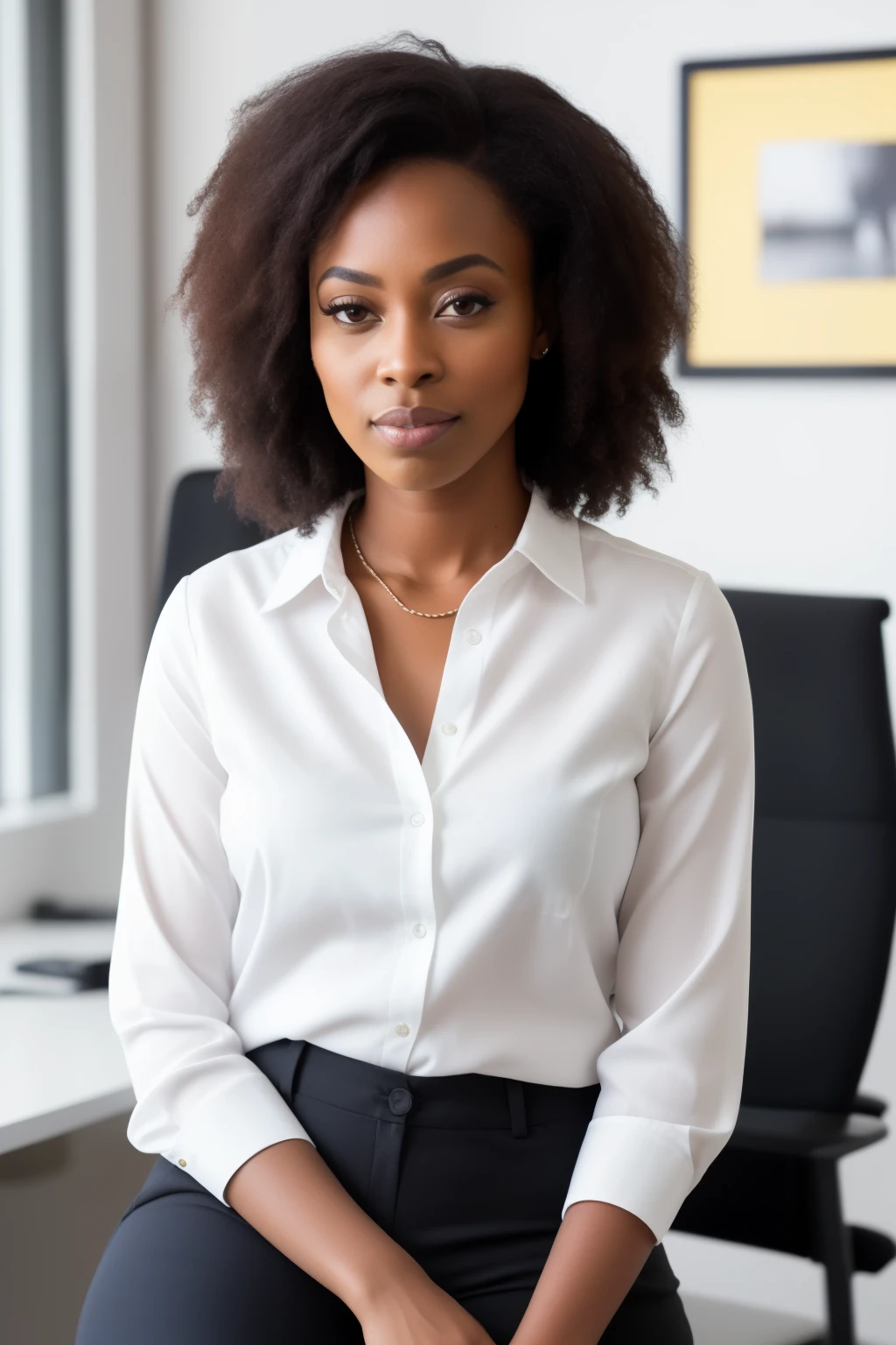 RAW portrait of a beautiful beautiful ebony woman wearing a white blouse, brazer and gray pants inside an office, facing the viewer, very detailed, 30 years old, serious face, short curly black hair natural, hazelnut eyes, high-res, masterpiece, best quality, intricate details, highly detailed, sharp focus, detailed skin, realistic skin texture, texture, detailed eyes, professional, 4k, Canon shooting, 85mm, shallow depth of field, kodak vision color, perfect fit body, extremely detailed, photo_\ (ultra\), photorealistic, realistic, post-processing, maximum detail, roughness, real life, ultra realistic, photorealism, photography, 8k uhd, photography, television news set