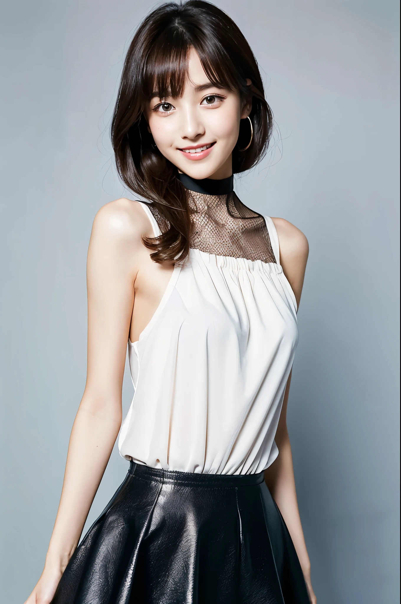 ulzzang -6500-v1.1, (Raw photo:1.2), (Photorealsitic), a beautiful detailed girl, (Real: 1.4), ighly detailedな目と顔, beatiful detailed eyes,  (Strapless blouse, flered skirt, Ultra-realistic pantyhose:1.2, a black choker)、full body Esbian、 (Very affectionate smile:1.2)、huge filesize, hight resolution, ighly detailed, top-quality, [​masterpiece:1.6], illustratio, ighly detailed, nffsw, finely detail, top-quality, 8k wallpaper, Cinematographic lighting, 1girl in, 17 age, perfect body type, cute droopy eyes beautiful big eyes、Pieckfinger, ((masutepiece)), Best Quality, 1girl in, eye shadow, Upper body, Portrait, ((FULL BODYSHOT:1.6))、