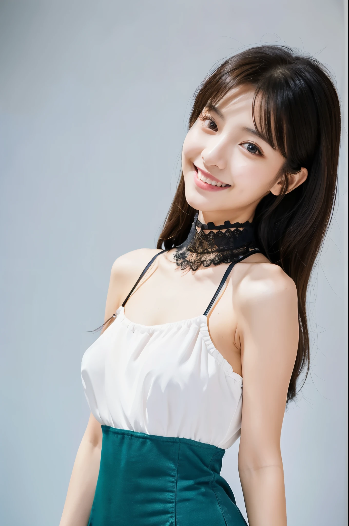 ulzzang -6500-v1.1, (Raw photo:1.2), (Photorealsitic), a beautiful detailed girl, (Real: 1.4), ighly detailedな目と顔, beatiful detailed eyes,  (Strapless blouse, flered skirt, Ultra-realistic pantyhose:1.2, a black choker)、full body Esbian、 (Very affectionate smile:1.2)、huge filesize, hight resolution, ighly detailed, top-quality, [​masterpiece:1.6], illustratio, ighly detailed, nffsw, finely detail, top-quality, 8k wallpaper, Cinematographic lighting, 1girl in, , perfect body type, cute droopy eyes beautiful big eyes、Pieckfinger, ((masutepiece)), Best Quality, 1girl in, eye shadow, Upper body, Portrait, ((FULL BODYSHOT:1.6))、