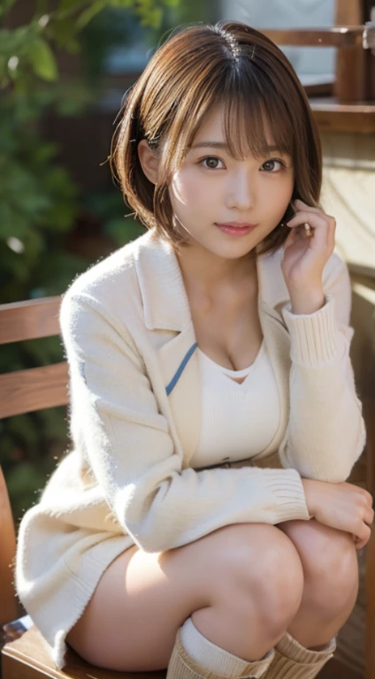 (Photorealistic), (ultra high realistic), (The ultra -The high-definition目), (ultra high detailed), (Increase contrast), (Increase saturation), (12 year old super beautiful girl), (light skinned)A pretty woman with perfect figure, Cute face,, (Lifelike face), a short bob、Hair hanging over the ears, Realistic eyes, natural make up、beautiful detail, (real looking skin), Beautiful skins, enticing, The ultra -The high-definition, A hyper-realistic, Realistic, Very detailed,, bangss), (white wool short coat and knee high boots、japanese cute idol, Tartan check、I can see the cleavage)((Very short miniskirt)) Brown hair,cafes、a chair、Beautiful valley、beutiful breast、thin-waist、big butts、legs crossed