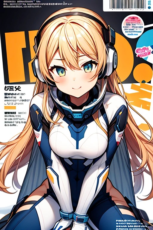 独奏、Braiding、1 girl in、depth of fields、Long Blonde Hair、Inside the space station、Make eye contact、sitting on、​masterpiece、top-quality、(top-quality)、((​masterpiece))、(hight resolution)、Original、Very detailed 8k wallpaper、(extremely delicate and beautiful)、((A detailed face))、(white futuristic bodysuit space suit):1.3,beautiful finely detailed eyes、Hair that flutters in the wind、dishevled hair、lensflare、1 girl in、full body Esbian、(blue eyess)、(head phone)、(yellow  hair)、(Cute little girl:1.1)、Beautiful fine eyes、orange color hair、Very long hair、tiny chest、(looking at the viewers)、(magazine:1.3)、(coversスタイル:1.3)、Fashionable、femele、with a vibrant、outfits、the pose、the front、Colorful、Dynamic、Background with、element、I'm confident、expresive、ngel、statement、accessorized、An majestic、coiled、surroundings、Touch、The scene、Texto、covers、It's bold、captures the attention、Titles、Stylish、Font、Catchy、headline、The large、Impressive、moderno、Trendy、Focus、lo fashion