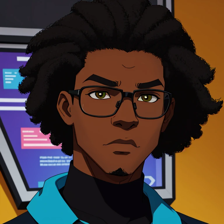 Create a prompt for a Brazilian character: a friendly, 15 to 19-year-old, medium-height, black boy from Rio de Janeiro with a medium-sized afro (black power) hairstyle. He is a geek and gamer, wears glasses, and has a warm and approachable demeanor."