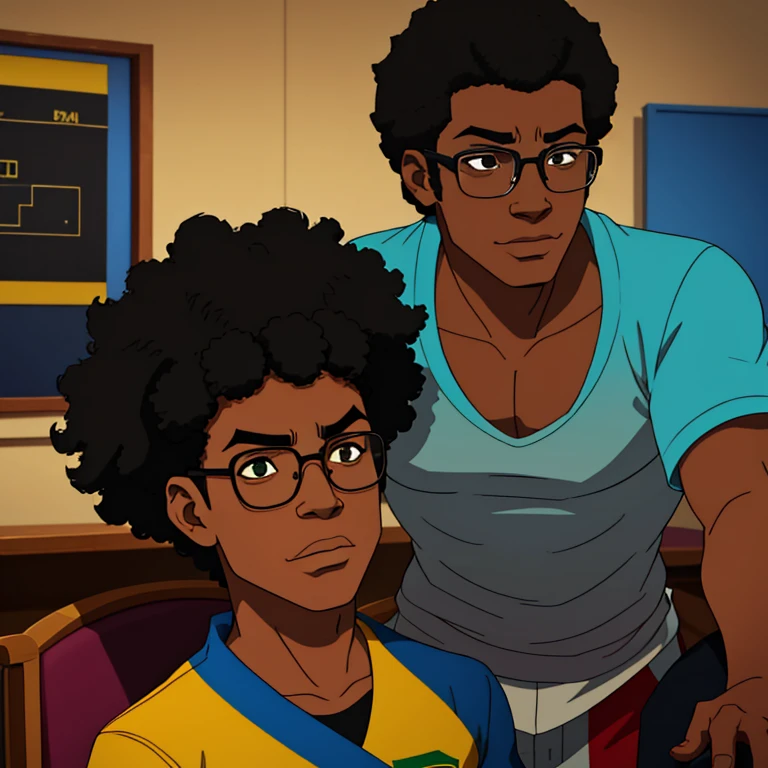 Create a prompt for a Brazilian character: a friendly, 15 to 19-year-old, medium-height, black boy from Rio de Janeiro with a medium-sized afro (black power) hairstyle. He is a geek and gamer, wears glasses, and has a warm and approachable demeanor."