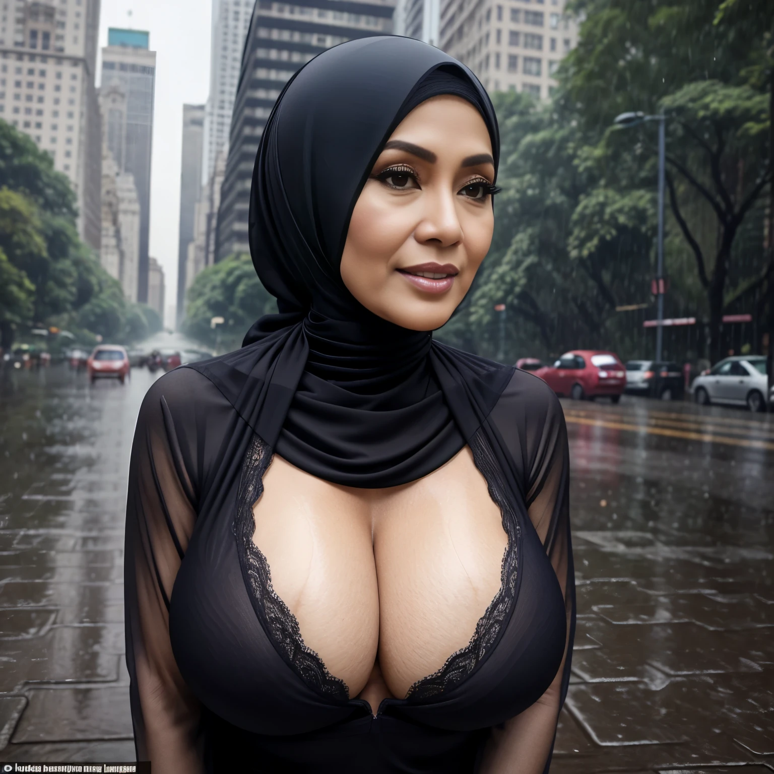 56 years Old, Indonesian Hijab milf, Ultra Droopiest gigantic saggiest longest mature tits : 106.9, wearing Burqa, Tight Burqa, her Gigantic breast Burst Out, Busty body, Wet body, rainy atmosphere, heavy rain, at central park, full body, gravure Idol, Cold Situation, Daytime