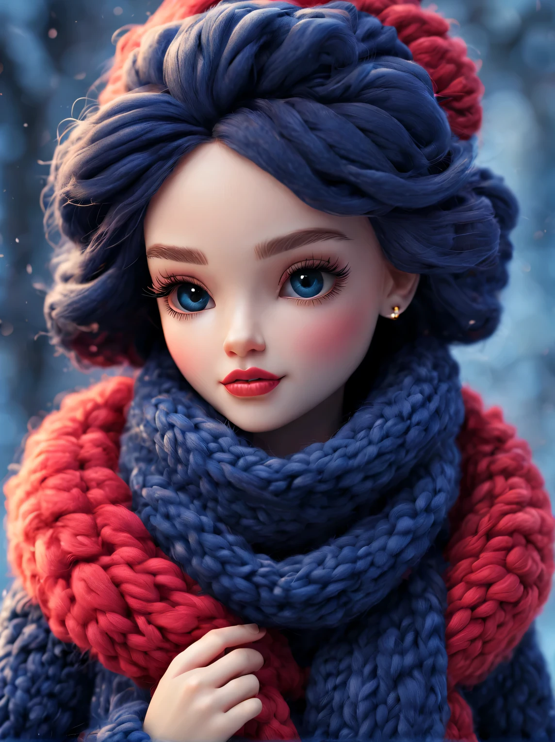 （Plush toy design），Naughty and cute Barbie doll and little dragon，（wool craft），（Fluffy：0.68） ，Winter high fashion chinoiserie sweaters and scarves， Cute 3d rendering，Background with：dark navy blue+fiery red，，Cute and detailed digital art，Miniature feeling，stylized 3d render，3d rendered figure art 8k，lovely digital painting，Anime style 3D，Ultra-detailed rendering