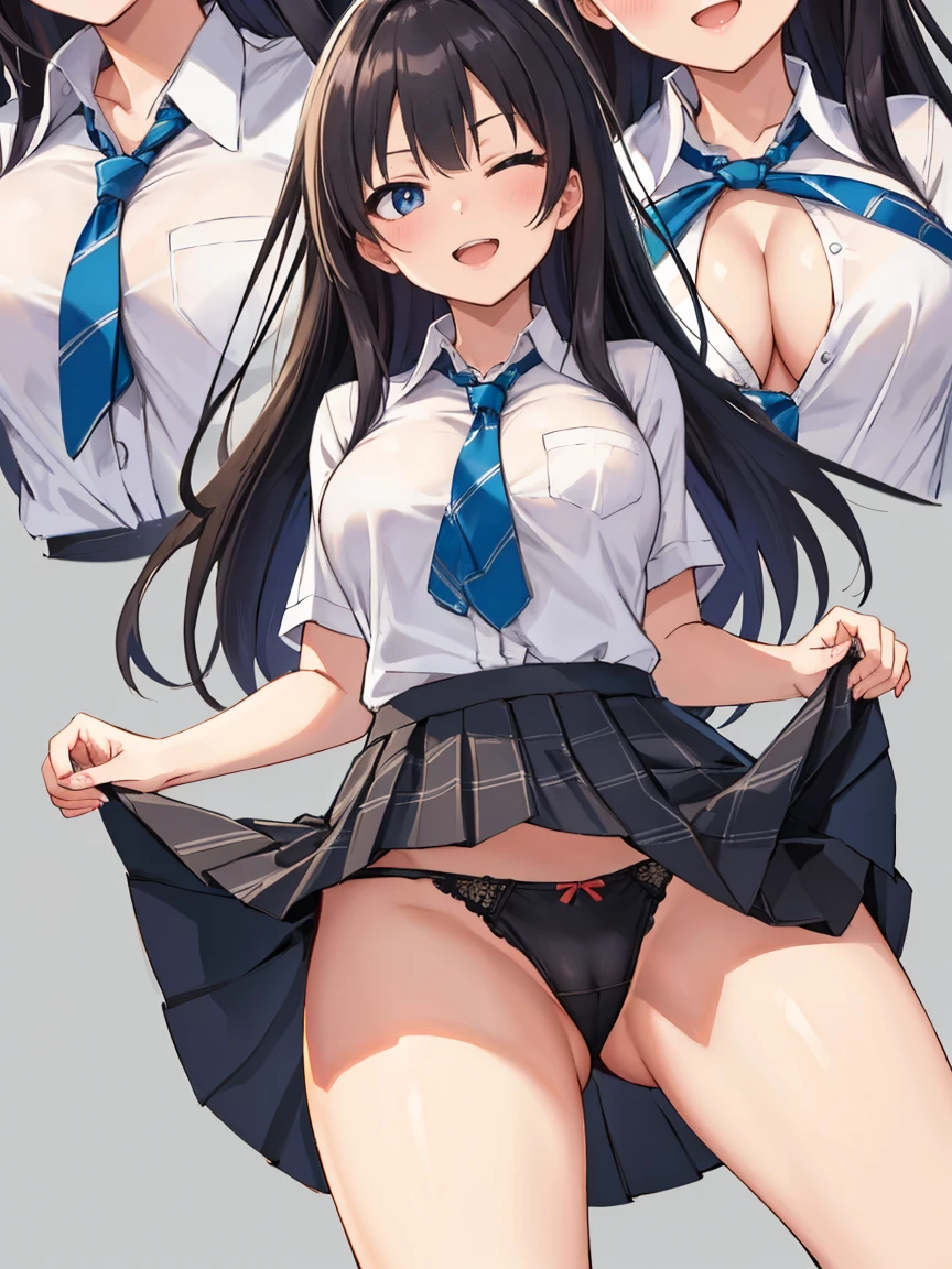 ((masutepiece))), (((Best Quality))), ((Ultra-detailed)), (Illustration), (Detailed light), ((extremely delicate and beautiful)), (Beautiful detailed eyes), 1girl in, gals, (Black hair, Long hair, School uniform, neck tie, Black panties, White shirt, plaid pleated skirt, grin, open open mouth, put out the tongue, one eye closed,squinting, cleavage cutout, Standing, (Skirt lift:1.3)