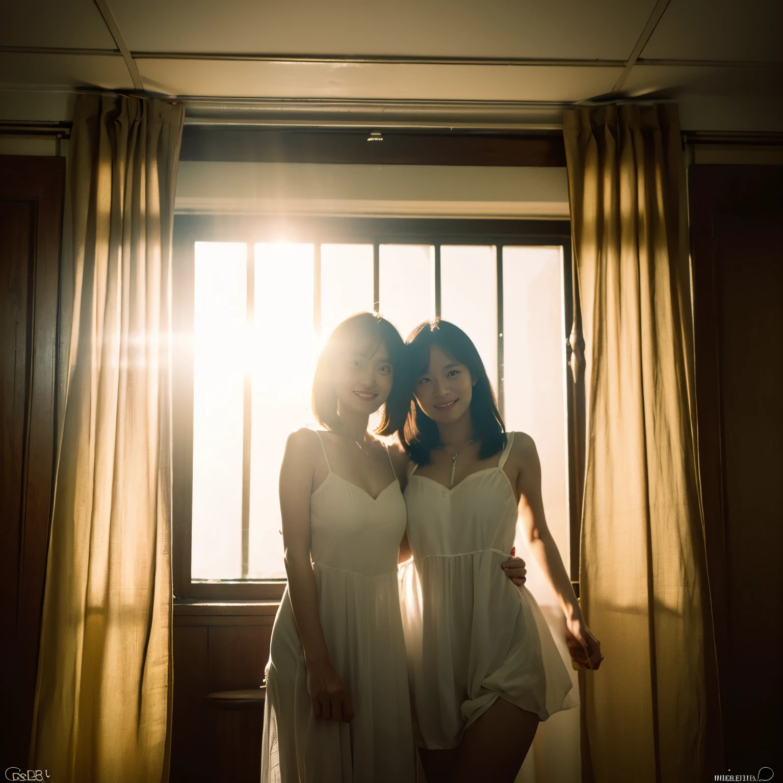 Best Quality,masutepiece,Ultra High Resolution,(Realisticity:1.4),Original,Cinematic lighting,
Identical twin sisters,Smile,Backlighting,ocean,