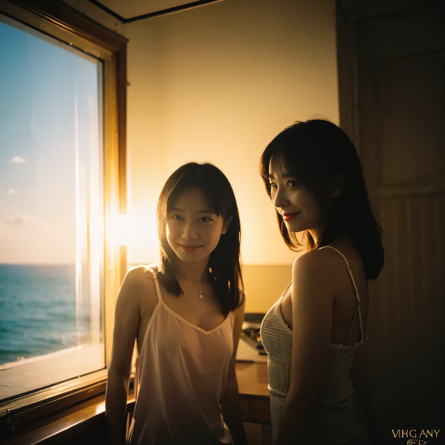 Best Quality,masutepiece,Ultra High Resolution,(Realisticity:1.4),Original,Cinematic lighting,
Identical twin sisters,Smile,Backlighting,ocean,