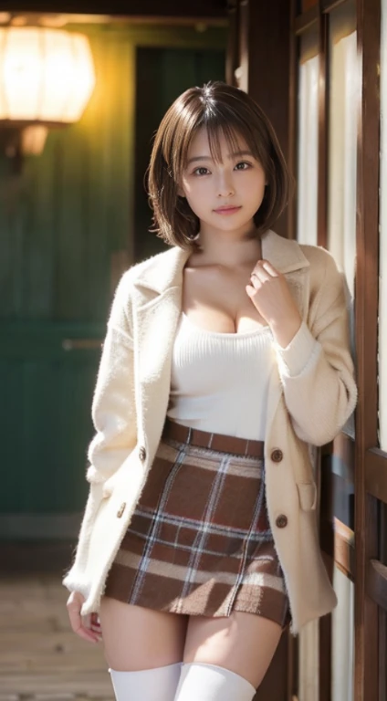 (Photorealistic), (ultra high realistic), (Ultra high definition), (ultra high detailed), (Increase contrast), (Increase saturation), ( extremely cute girl), (light skinned)A pretty woman with perfect figure, Cute face,, (Lifelike face), Short Bob、Hair hanging over the ears, Realistic eyes, natural make up、beautiful detail, (real looking skin), Beautiful skins, enticing, The ultra -The high-definition, A hyper-realistic, Realistic, Very detailed, Japanese, semi long hair, bangss), (Light brown wool short coat and knee-high boots、japanese cute idol, Tartan check)((very short miniskirt)) Brown hair, sit on stairs、The cleavage looks bold、beutiful breast、thin-waist、big butts