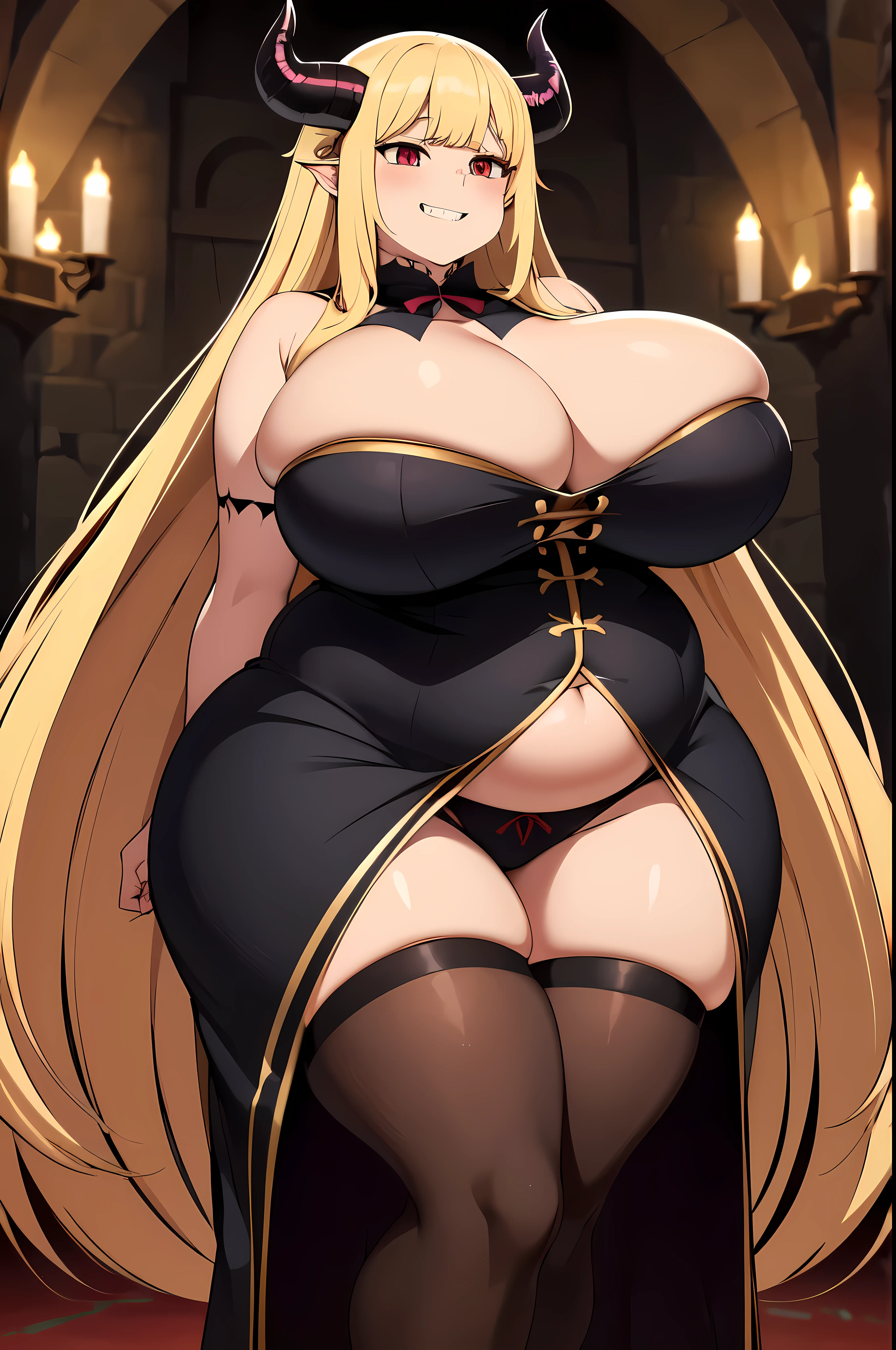 extremly obese and thicc demoness , waist length silky blonde hair , big round firm belly, demon robes, Black horns, Intimidating Smile, HD, hiquality,obese, creepy castle, cute ribbon, Pure evil, sharp teeth