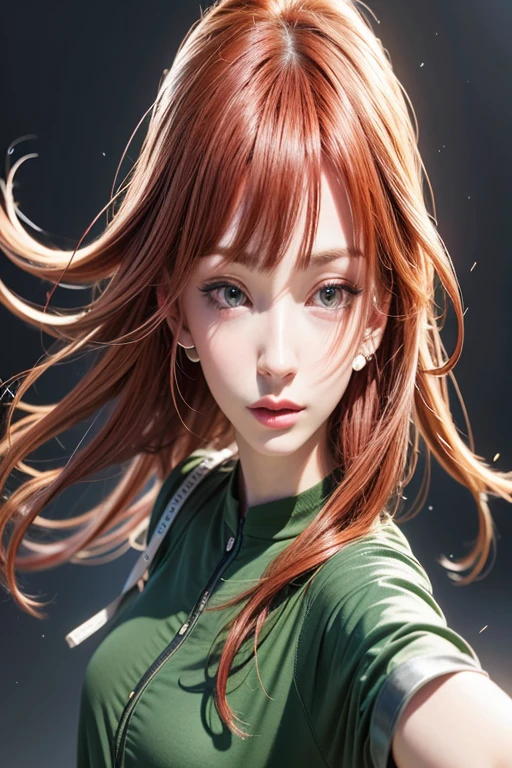 Girl, red hair, green eyes, green t-shirt