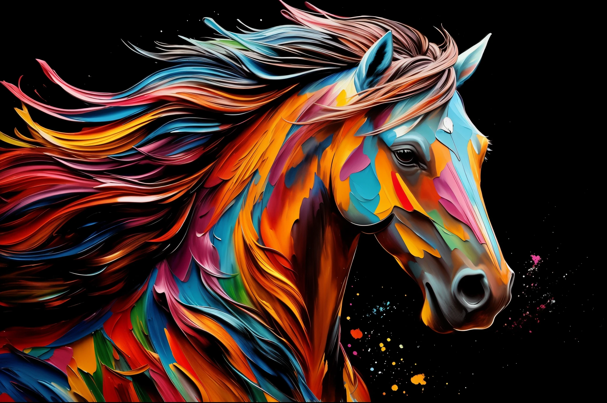 um close de um cavalo com tinta colorida no rosto, intricate and intense oil paint, tinta fluida intrincada, Cavalo digital, arte deslumbrante, pintado em aquarelas brilhantes, intricate oil painting artwork, arte digital impressionante, juba fluindo, painted in high resolution, cheio de cores e detalhes ricos, arte colorida, detailed 4 k oil painting, totalmente coberto de tinta colorida