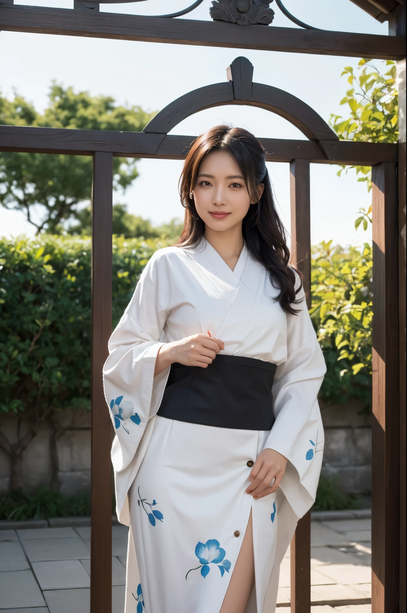 Beautiful Mature Woman VN03, Bewitching beautiful mature woman、40 years、stature 154cm、well-proportioned figure、The figure of the hourglass、Japan kimono、Elegant Japanese pattern kimono、model in Japan、Japan Woman, Gorgeous Japan Woman, goddess of Japan, A smile、Pose under the torii gate、Raw photo, (in 8K、top-quality、masterpiece:1.2)、(intricate detailes:1.4)、(Photorealsitic:1.4)、octane renderings、Complex 3D rendering ultra detail, studio lights, Rim Lights, vibrant detail, super detailing, realistic skin textures, Detail Face, Beautiful detail eyes, Very detailed CG Unity 16k wallpaper, make - up, (detailedbackground:1.2), shinny skin、((FULL BODYSHOT:1.6))、