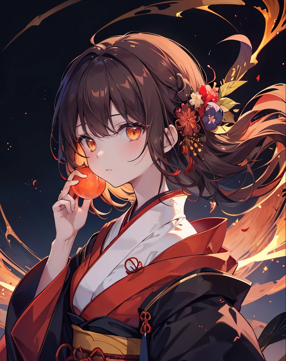 (masterpiece, best quality), 1girl, solo, hires, brown hair, yellow eyes, kimono, obi, hanfu, darkness, dark, luminous, glowing skin, bioluminescence, luminesce, partical, bioluminescent plants, glowing red forest, red skin, red blood moon