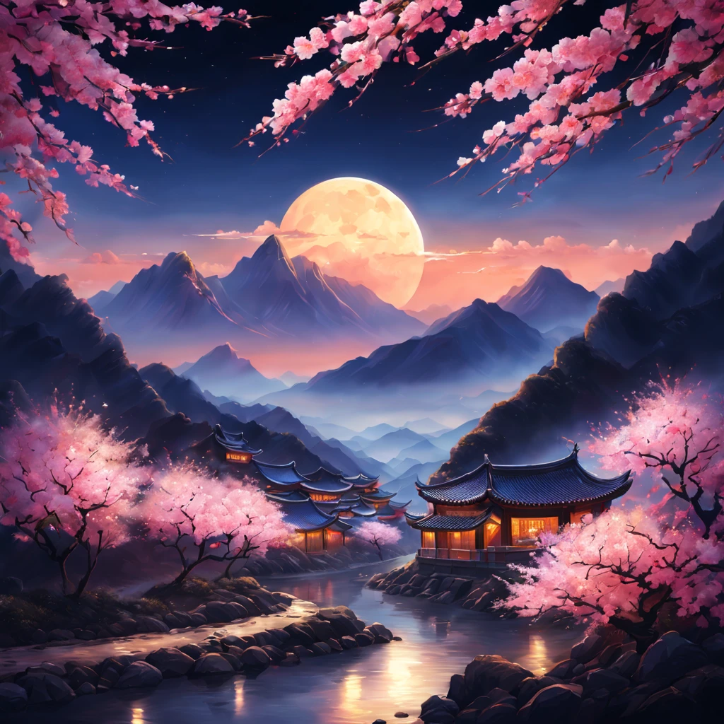 On a cold winter night，A traditional Chinese village is hosting a grand New Year fireworks display。Fireworks bloom in the night sky，Beautiful fireworks formed，It creates a mysterious and unique atmosphere。 The mountain peaks in the picture rise into the sky，shrouded in a thick foist lingers in the mountains as fireworks bloom，It adds a touch of mystery to the whole scene。(The mountain peaks are covered with a thin layer of snow)，The beautiful shadow shining in the moonlight。 At the foot of the mountain，A small stream flows through the mountains。Next to the stream is a dense peach blossom forest，Pink flowers blooming on the peach tree，Picturesque。 This picture is dominated by illustration style，detail-rich，Vivid colors。Elements from sewing style，Make the whole picture more three-dimensional，Give people a sense of intimacy。With the light of fireworks blooming，The picture is filled with a festive and joyful atmosphere。 Image quality is the best，The resolution is 4K or 8K，detail-rich，High fidelity。The entire picture has professional photography effectine detailing，colors full、vividness，The background cleverly uses the bokeh effect，Highlight the subject。